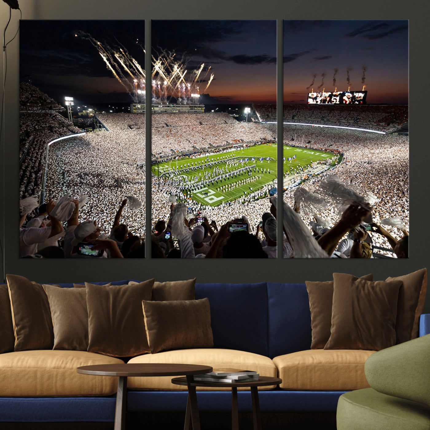 11221988-MGV-CV-48X32-3P - Epic Night Football Stadium Wall Art Canvas Print, Fireworks and Crowd Energy Game Day Excitement Decor for Home, Office