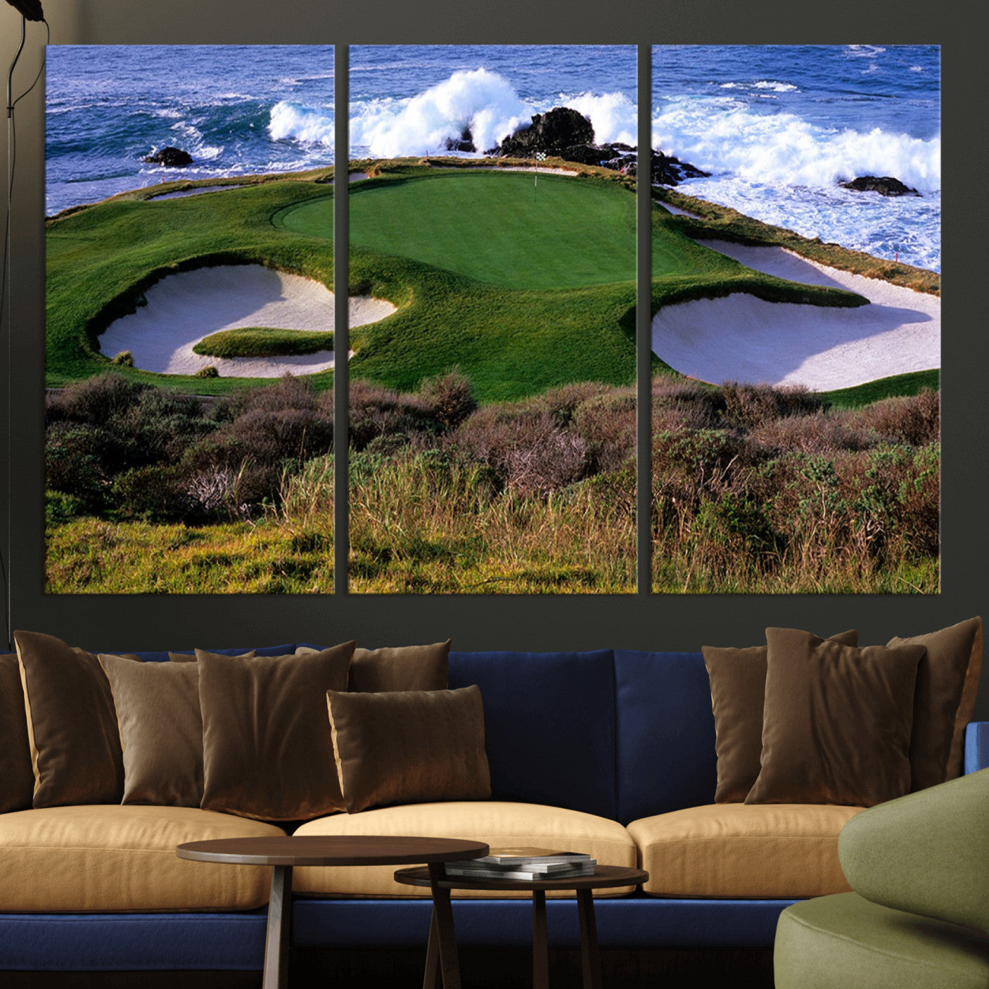 22776914-MGV-CV-36X24-Ocean Cliff Golf Green Canvas Print – Framed Majestic Coastal Scene with Lush Green Artwork for Home, Office