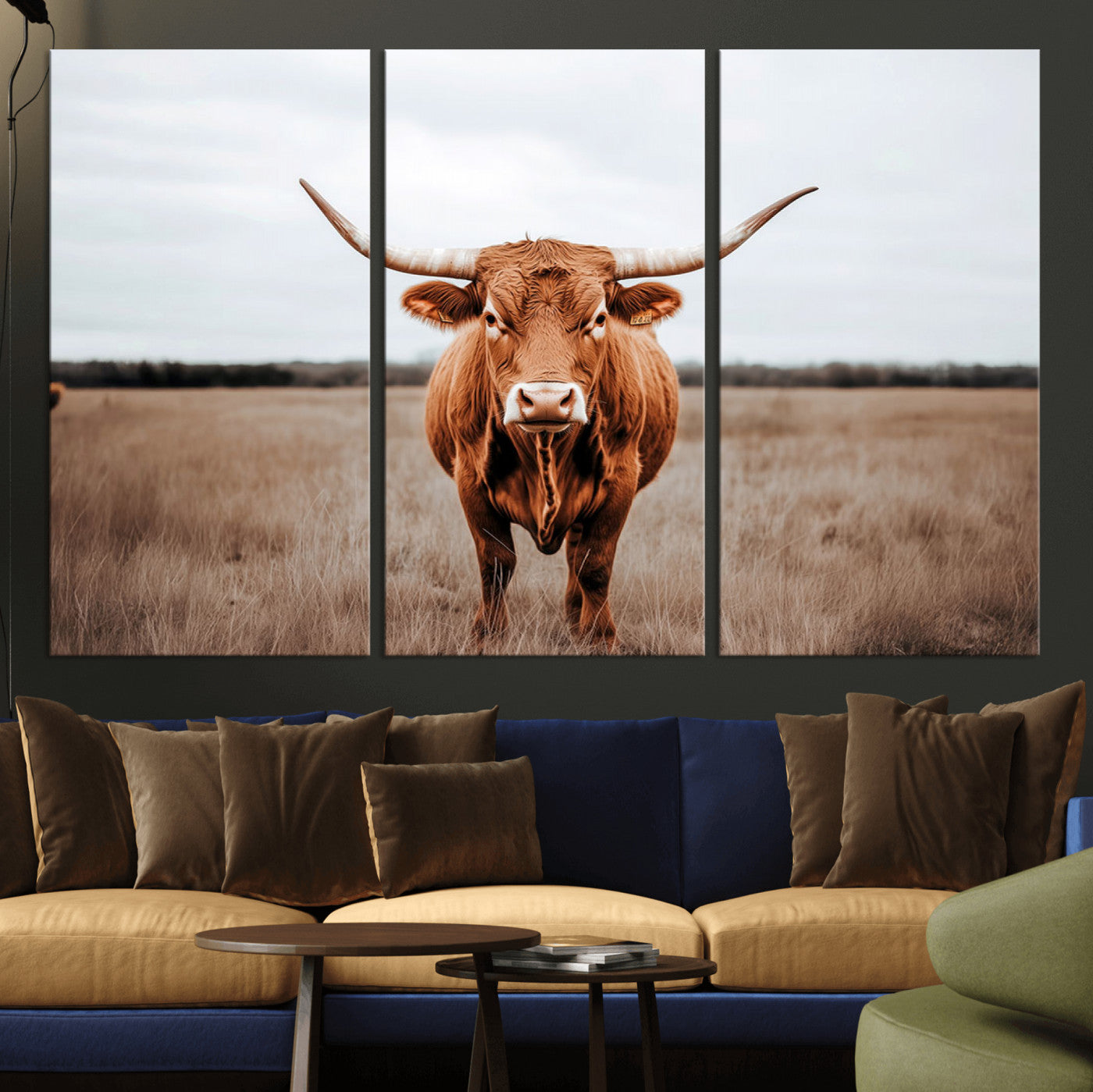 16316734-MGV-CV-48X32-3P - Longhorn bull, open field, rustic charm, natural beauty, Wall Art Canvas Print, countryside,