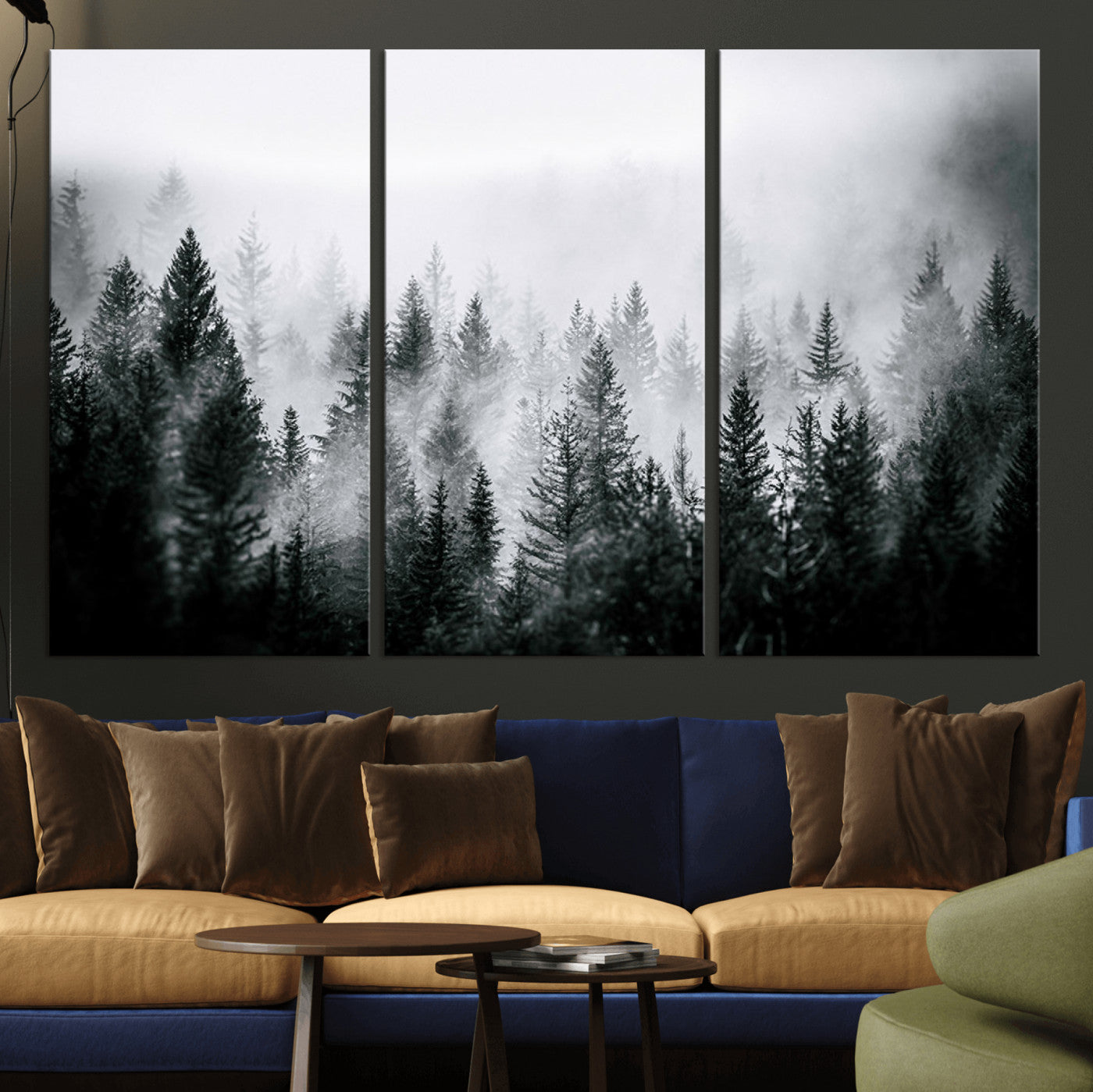MGV-CV-48X32-3P - Foggy Pine Forest Canvas Wall Art – Black and White Nature Landscape Print, Horizontal Canvas for