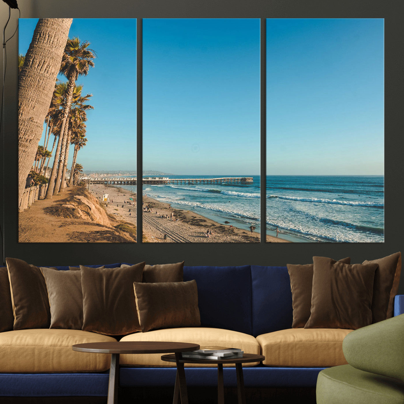 MGV-CV-48X32-3P - Scenic Beach with Tall Palm Trees, Sandy Shore, and Long Pier Stretching into the Calm Ocean Under
