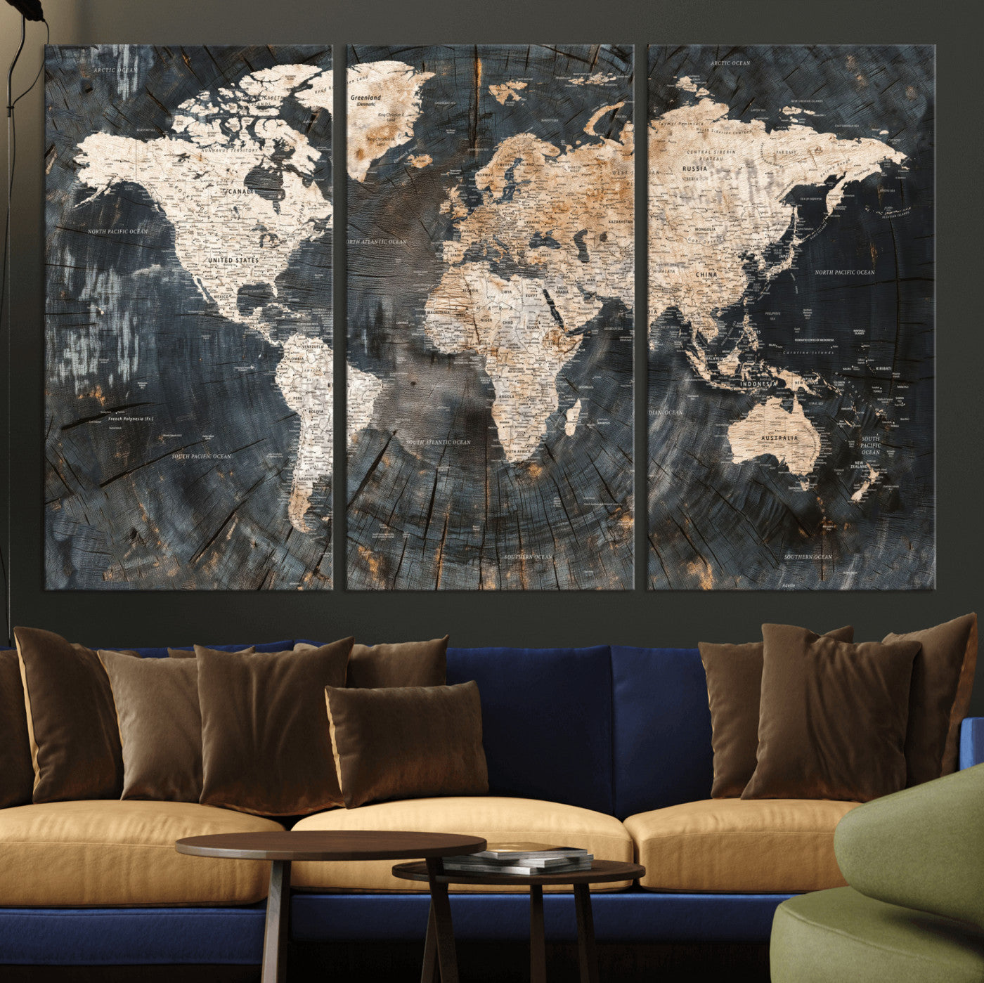 57626704-MGV-CV-48X32-3P - World Map Wall Art Canvas Print, Modern Decorative Framed Map Artwork Prints for Living Room, Office, Bedroom Wall Decor
