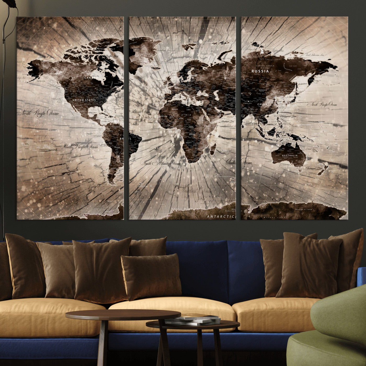 35326624-MGV-CV-48X32-3P - World Map Wall Art Canvas Print, Modern Decorative Framed Map Artwork Prints for Living Room, Office, Bedroom Wall Decor