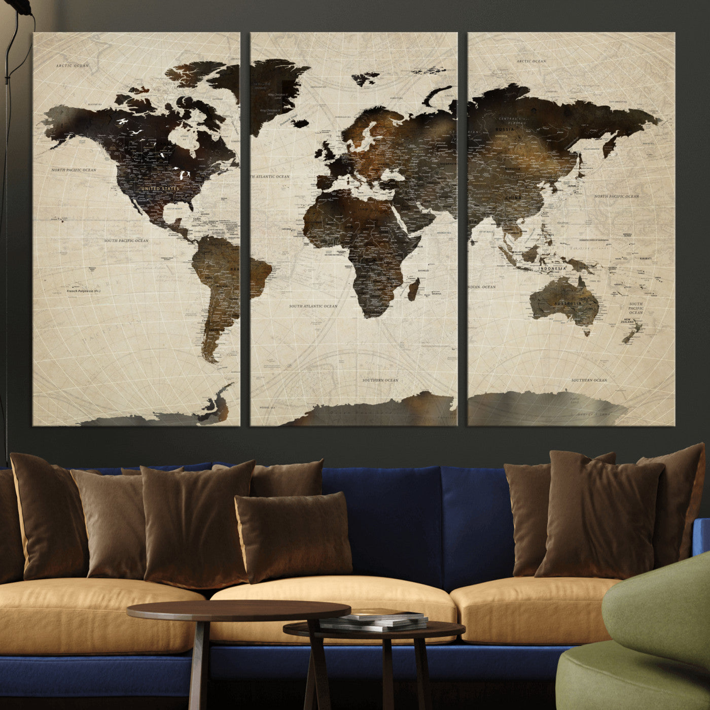 81771296-MGV-CV-48X32-3P - World Map Wall Art Canvas Print, Modern Decorative Framed Map Artwork Prints for Living Room, Office, Bedroom Wall Decor