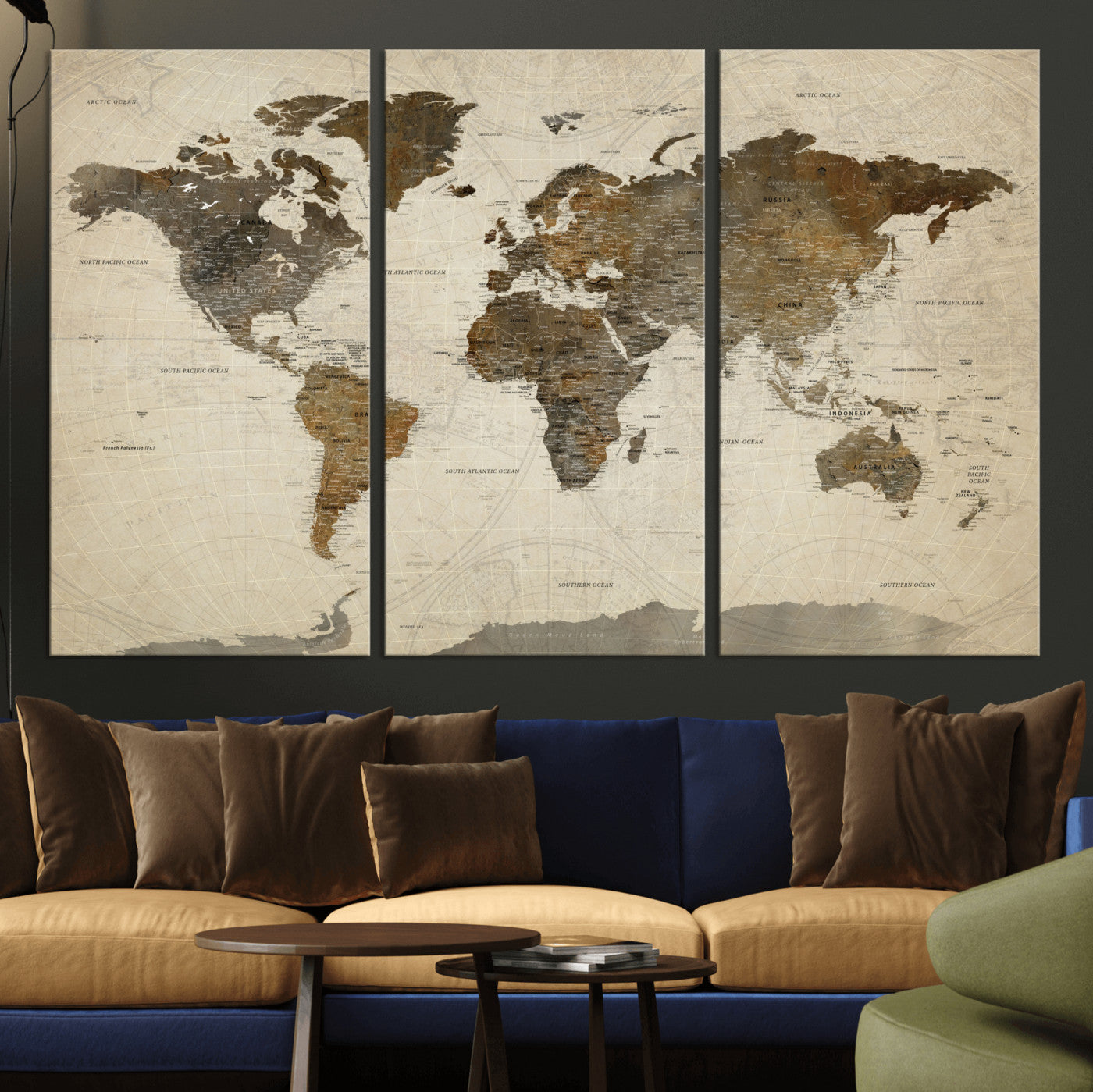 91849163-MGV-CV-48X32-3P - World Map Wall Art Canvas Print, Modern Decorative Framed Map Artwork Prints for Living Room, Office, Bedroom Wall Decor
