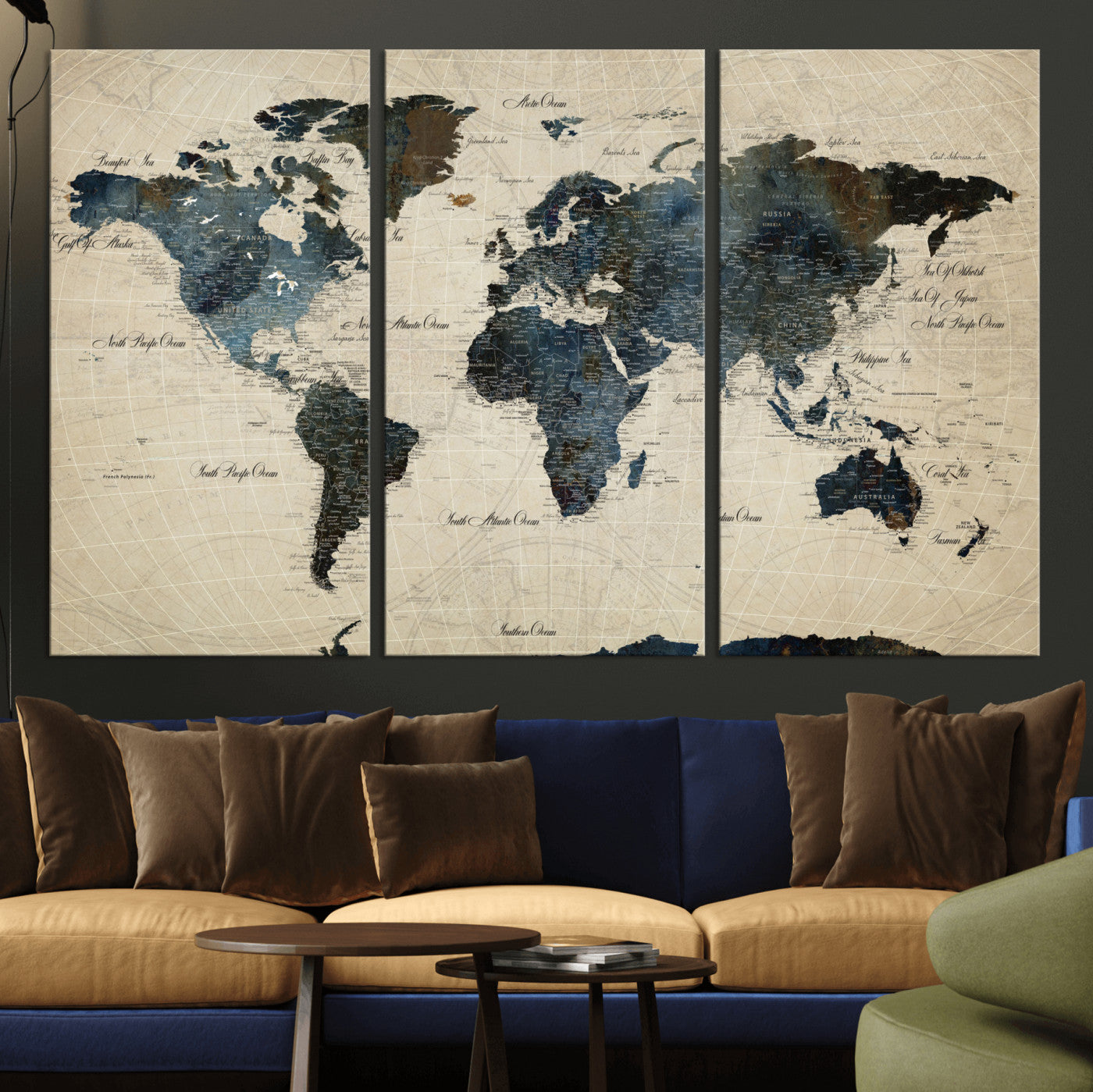 33438443-MGV-CV-48X32-3P - World Map Wall Art Canvas Print, Modern Decorative Framed Map Artwork Prints for Living Room, Office, Bedroom Wall Decor