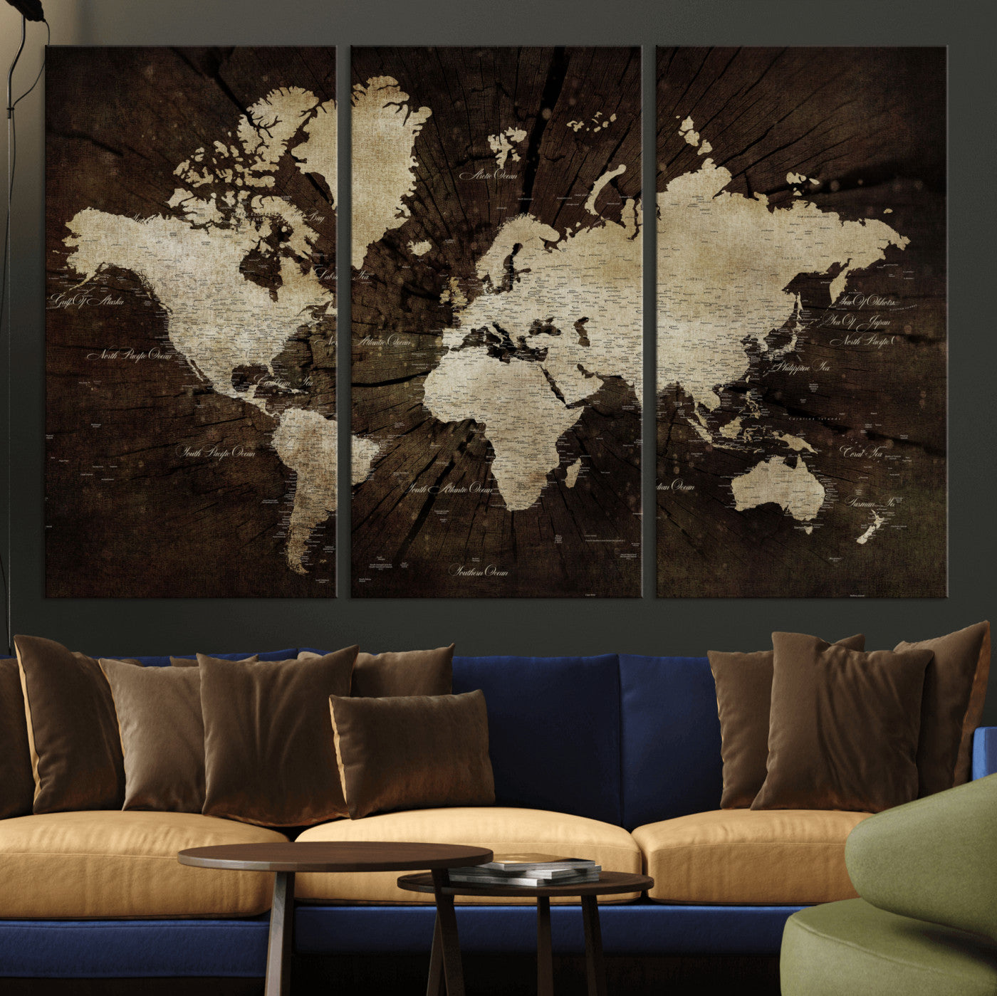 24010397-MGV-CV-48X32-3P - World Map Wall Art Canvas Print, Modern Decorative Framed Map Artwork Prints for Living Room, Office, Bedroom Wall Decor