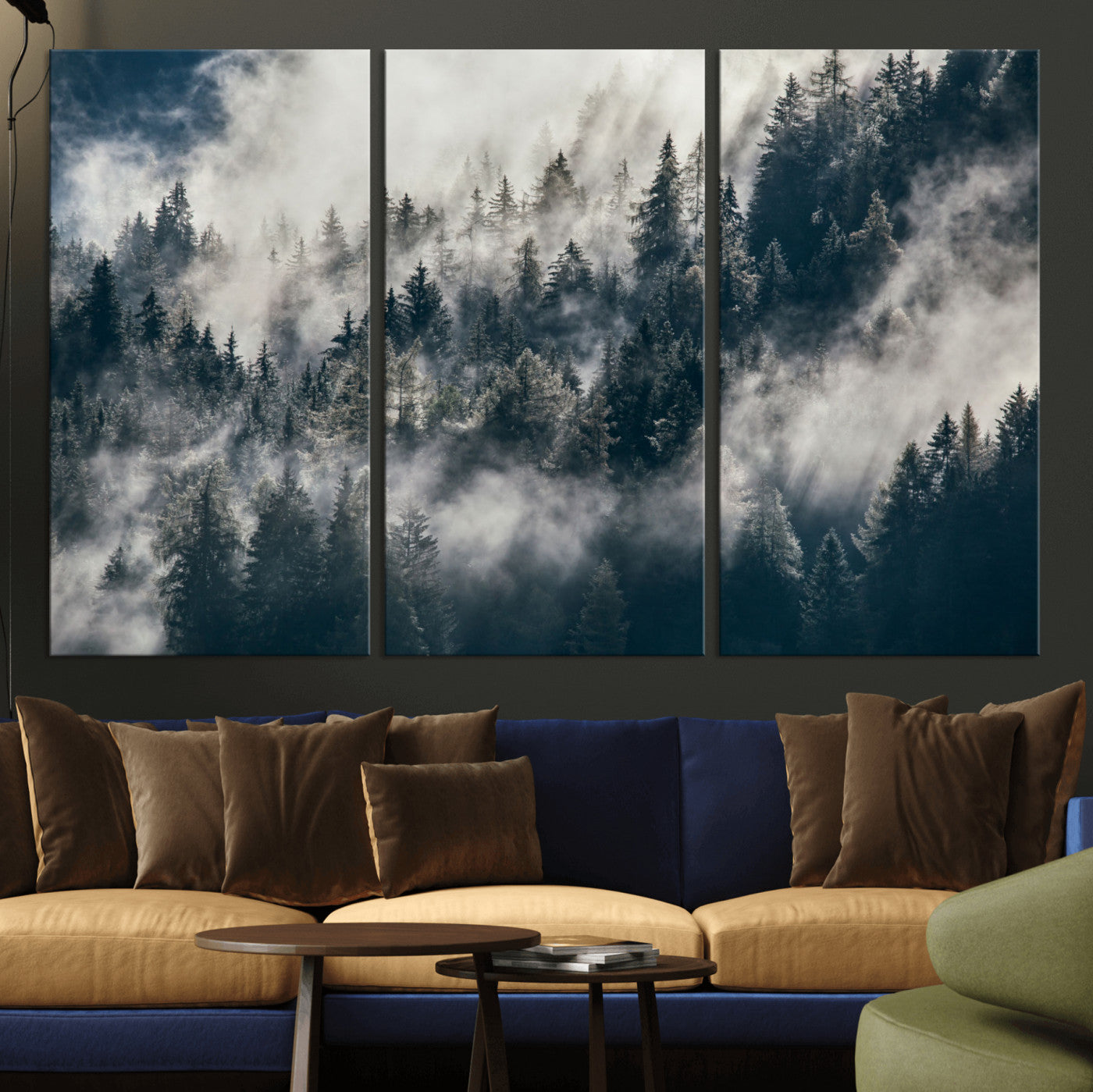 270372951-MGV-CV-48X32-3P - Misty Pine Forest Canvas Wall Art – Dark Forest Mountaing and Nature Landscape Print, Horizontal Canvas Print