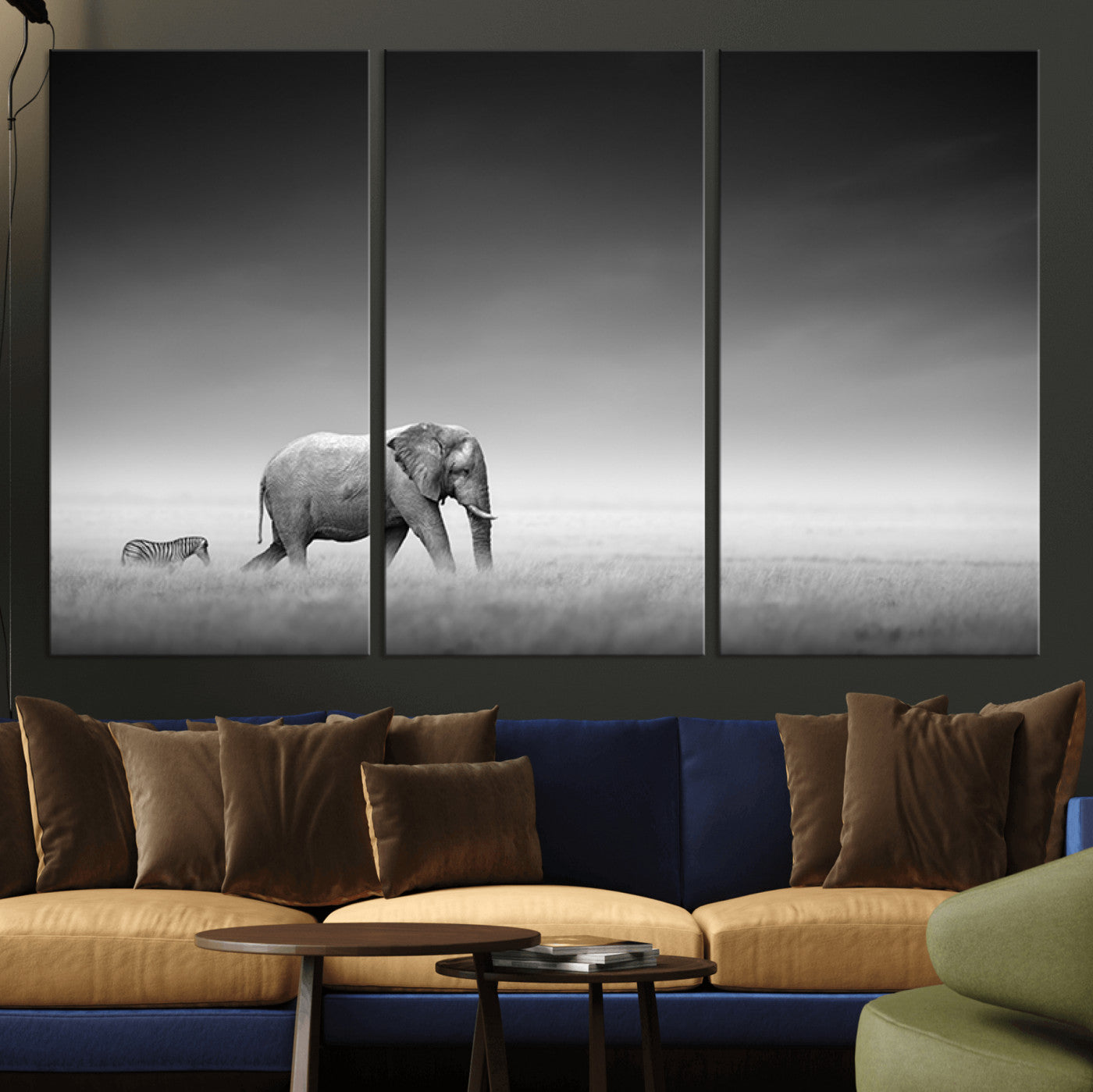 87639-MGV-CV-36X24-Elephand and Zebra Wall Art Canvas Print, Modern Artwork
