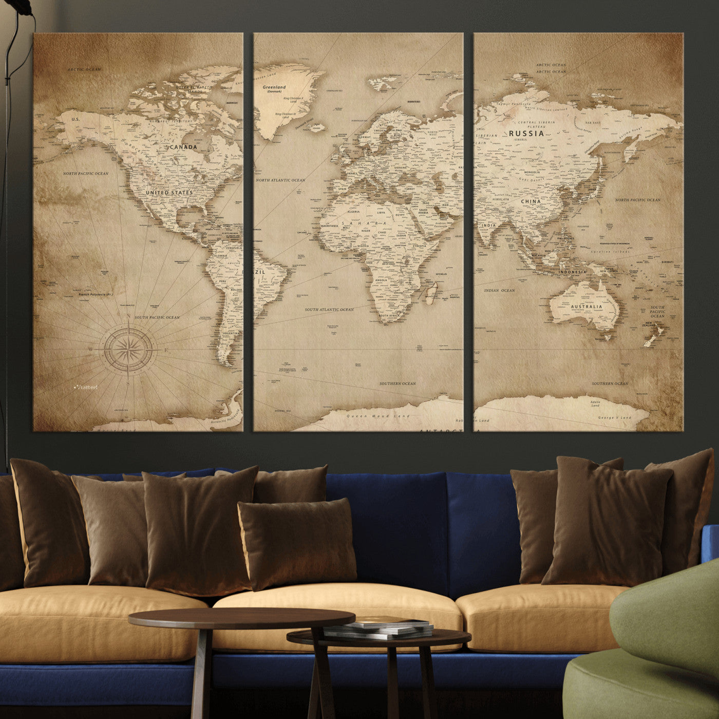 34795134-MGV-CV-36X24 - World Map Wall Art Canvas Print, Modern Decorative Framed Map Artwork Prints for Living Room, Office, Bedroom Wall Decor
