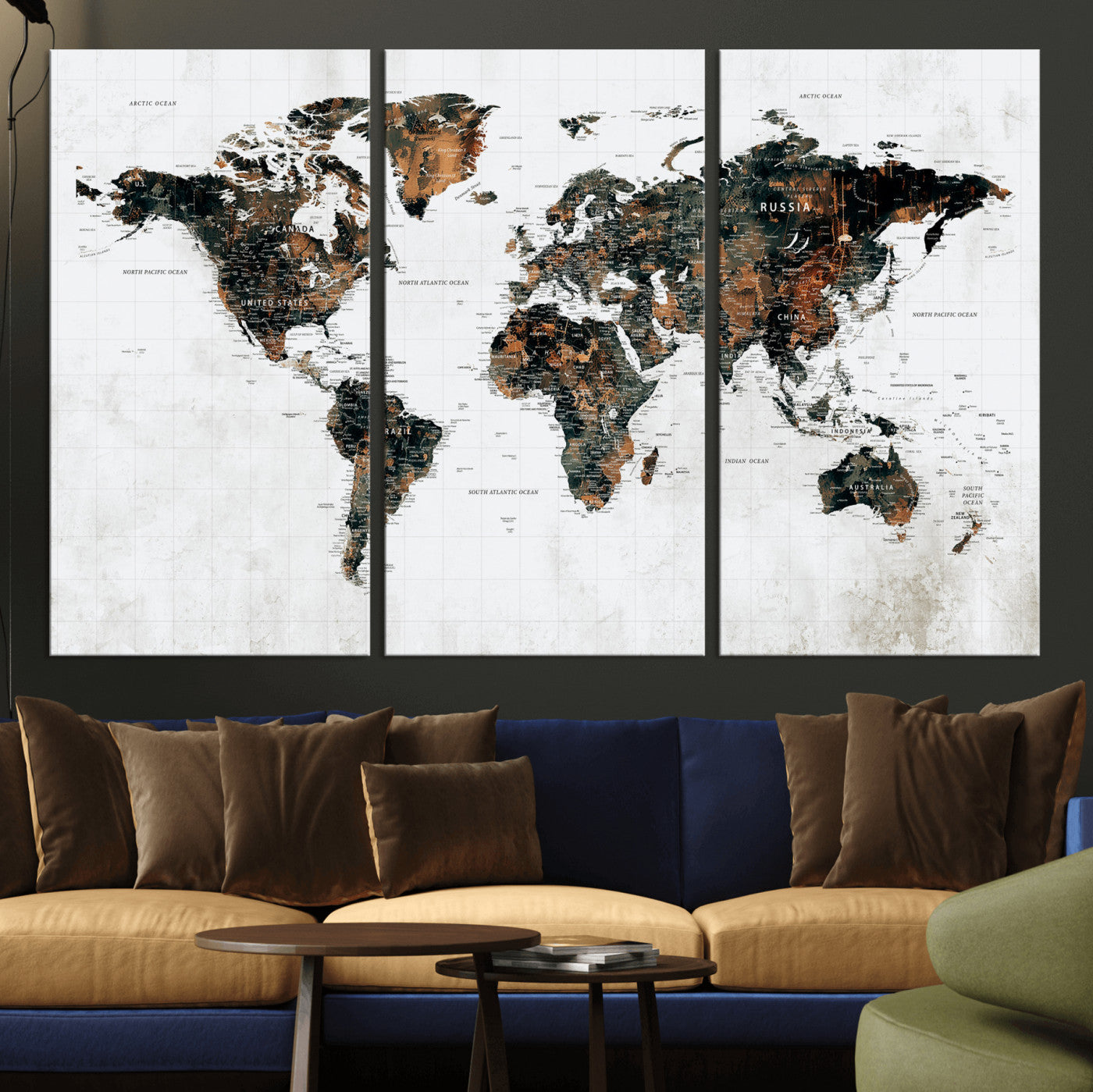 60008766-MGV-CV-36X24 - World Map Wall Art Canvas Print, Modern Decorative Framed Map Artwork Prints for Living Room, Office, Bedroom Wall Decor