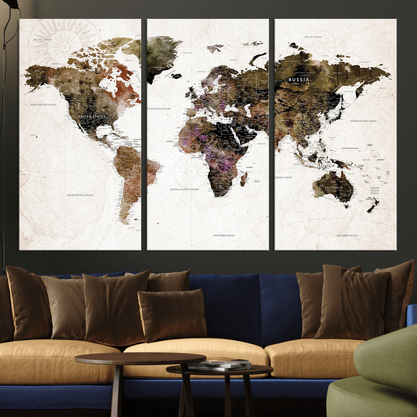 77651968-MGV-CV-36X24 - World Map Wall Art Canvas Print, Modern Decorative Framed Map Artwork Prints for Living Room, Office, Bedroom Wall Decor