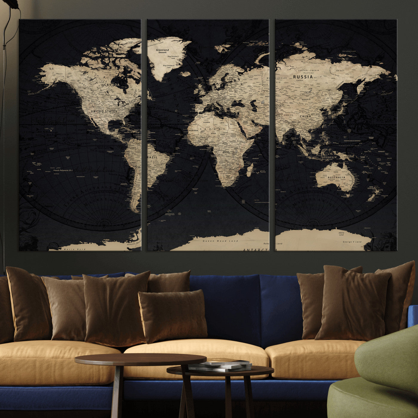 61835687-MGV-CV-36X24 - World Map Wall Art Canvas Print, Modern Decorative Framed Map Artwork Prints for Living Room, Office, Bedroom Wall Decor