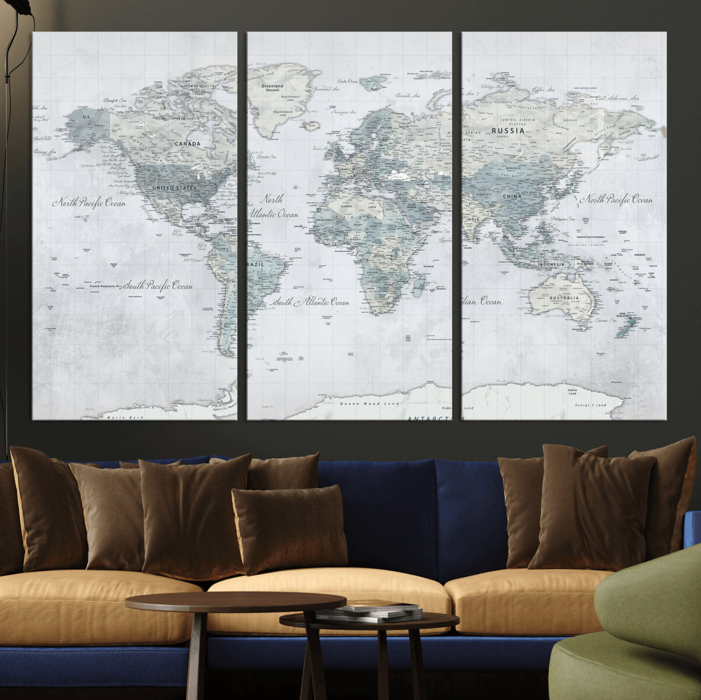 71091917-MGV-CV-36X24 - World Map Wall Art Canvas Print, Modern Decorative Framed Map Artwork Prints for Living Room, Office, Bedroom Wall Decor