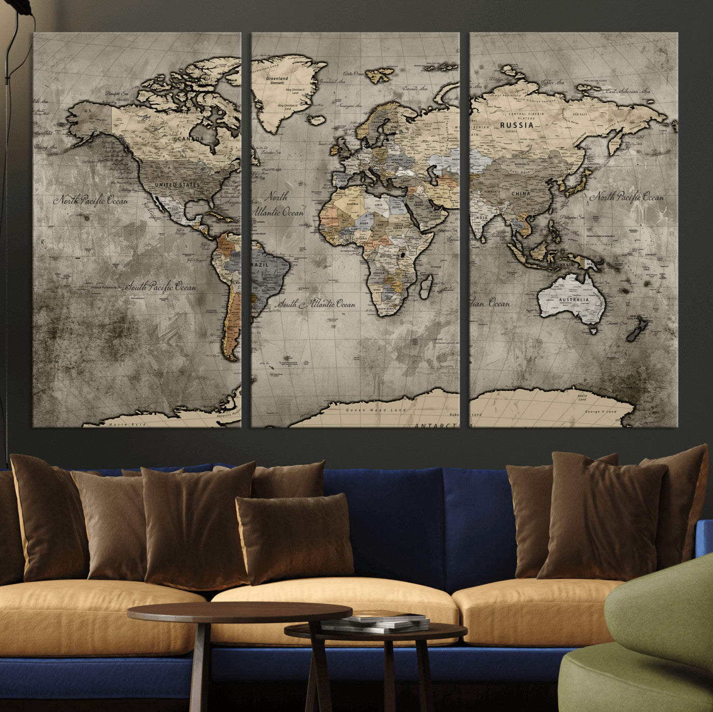 85218700-MGV-CV-36X24 - World Map Wall Art Canvas Print, Modern Decorative Framed Map Artwork Prints for Living Room, Office, Bedroom Wall Decor