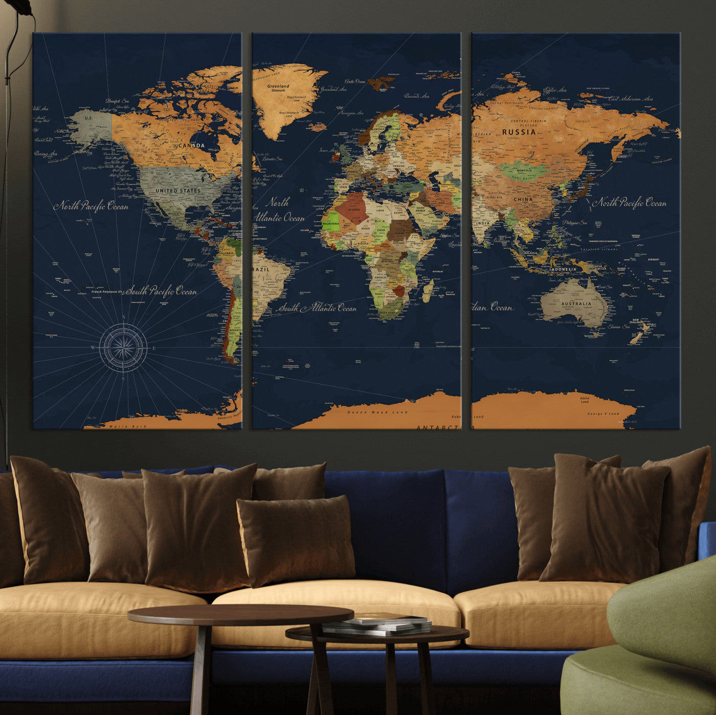 11715182-MGV-CV-36X24 - World Map Wall Art Canvas Print, Modern Decorative Framed Map Artwork Prints for Living Room, Office, Bedroom Wall Decor