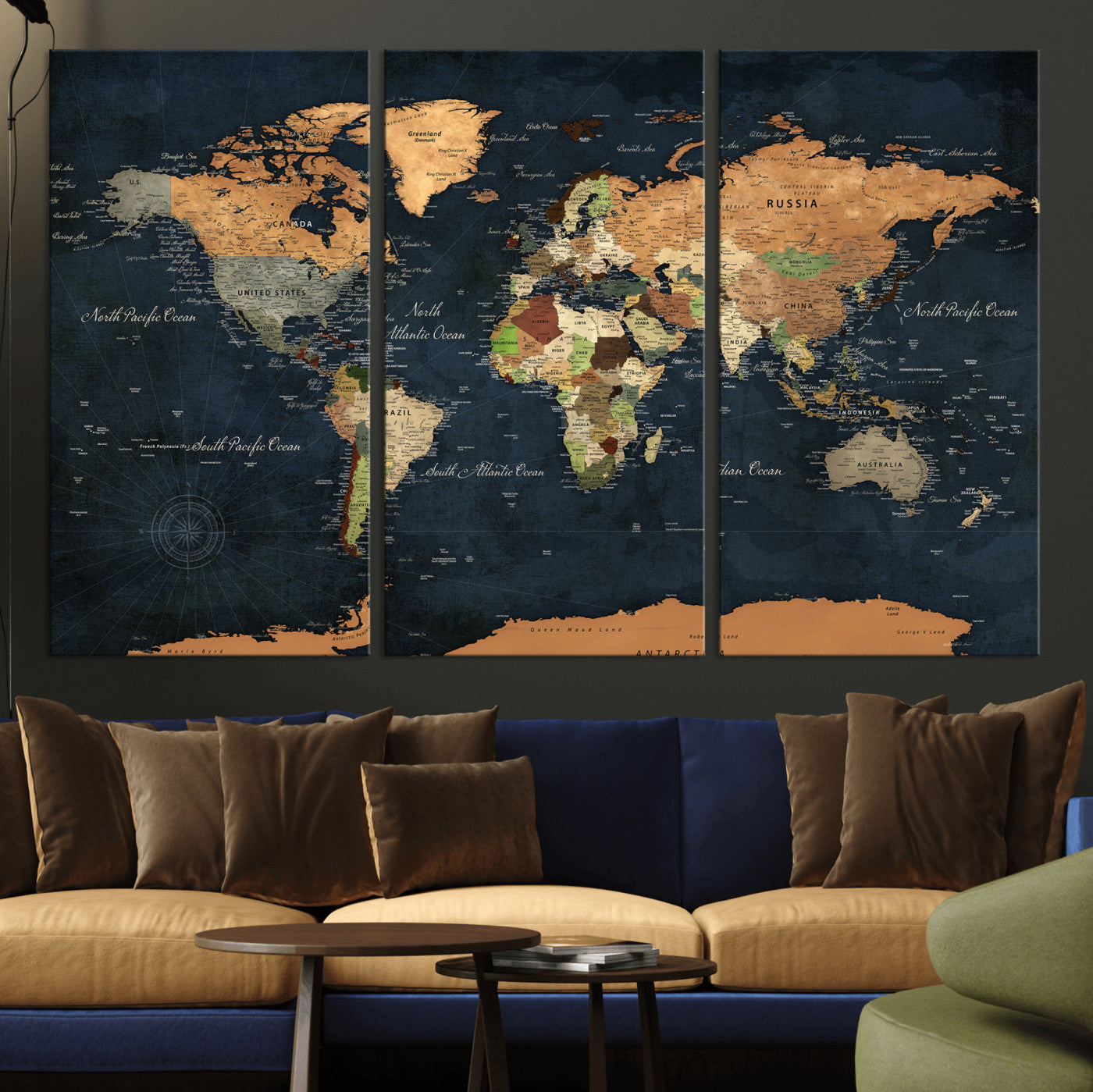 53717402-MGV-CV-36X24 - World Map Wall Art Canvas Print, Modern Decorative Framed Map Artwork Prints for Living Room, Office, Bedroom Wall Decor