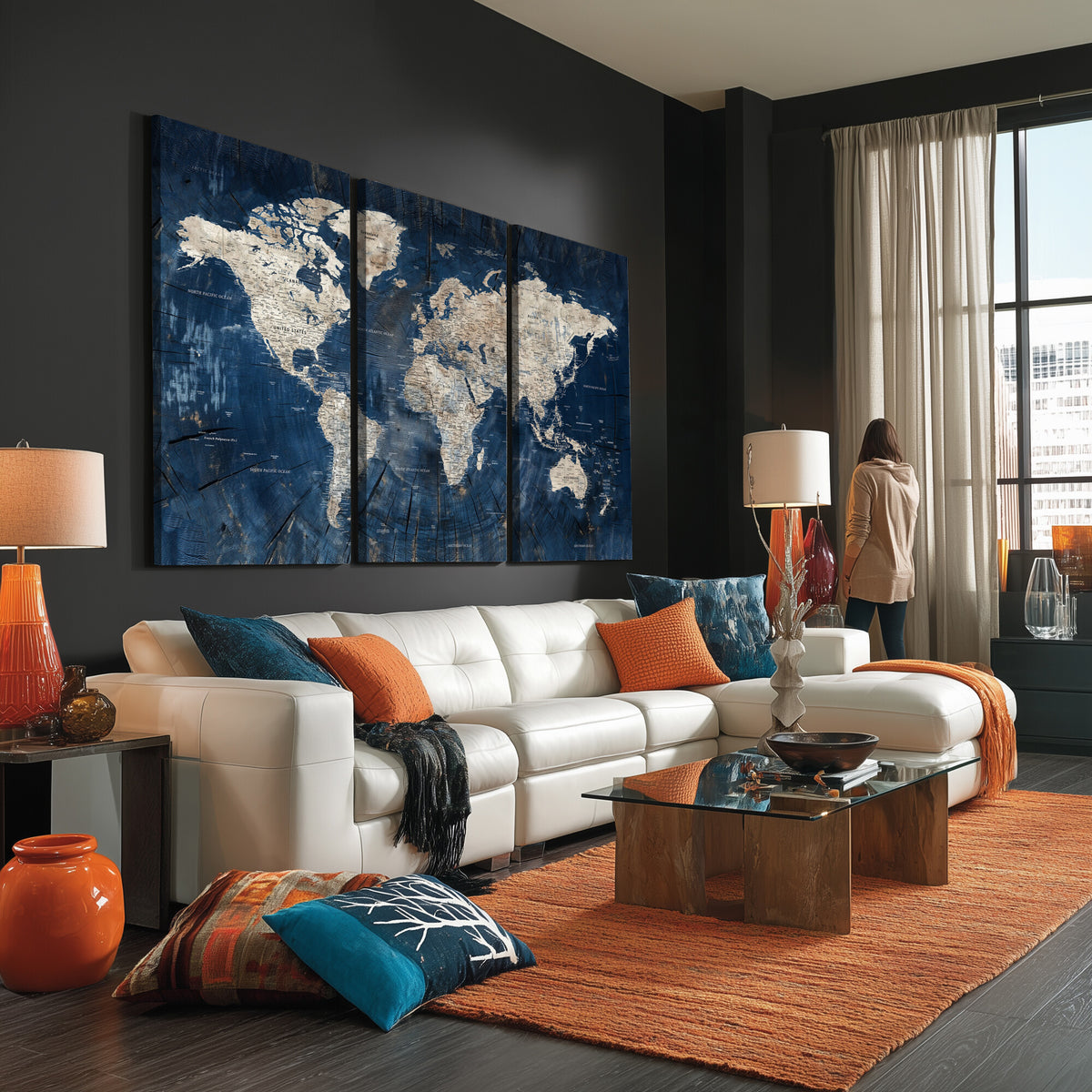 56126010-MGV-CV-36X24 - Large Blue World Map Wall Art Canvas Print for Home Office