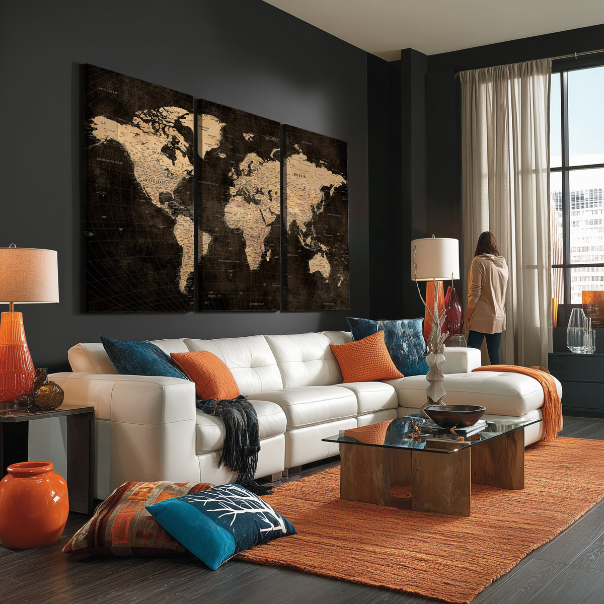 15118265-MGV-CV-36X24 - Brown World Map Canvas Print | Modern Travel Map Wall Art