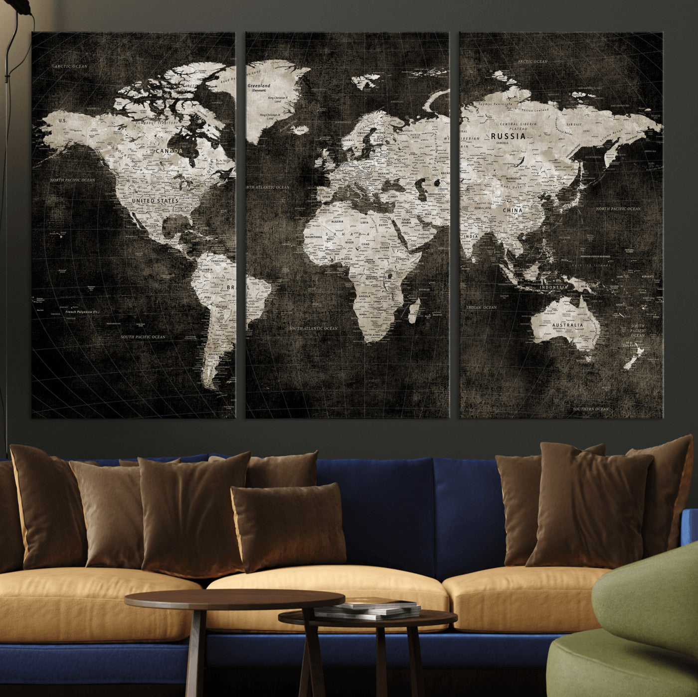 94581666-MGV-CV-36X24 - World Map Wall Art Canvas Print, Modern Decorative Framed Map Artwork Prints for Living Room, Office, Bedroom Wall Decor