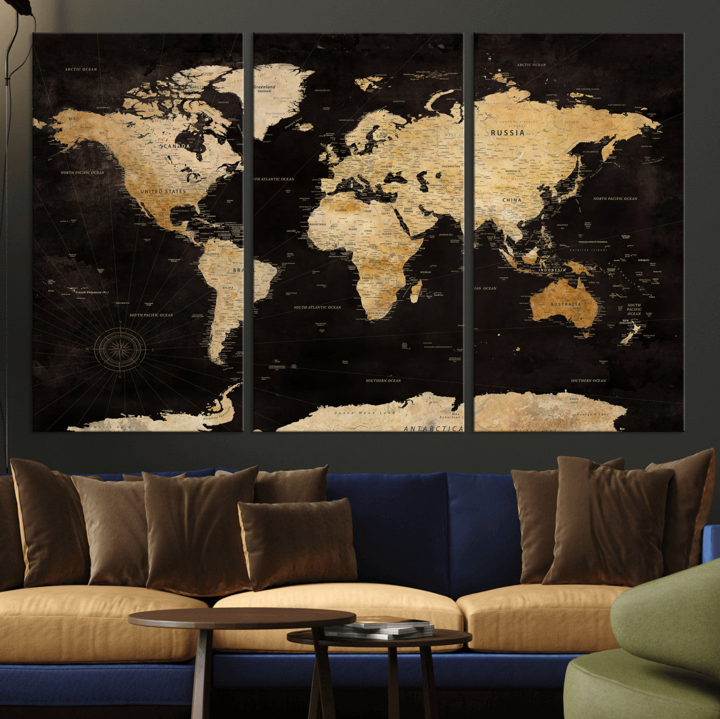 70468159-MGV-CV-36X24 - World Map Wall Art Canvas Print, Modern Decorative Framed Map Artwork Prints for Living Room, Office, Bedroom Wall Decor