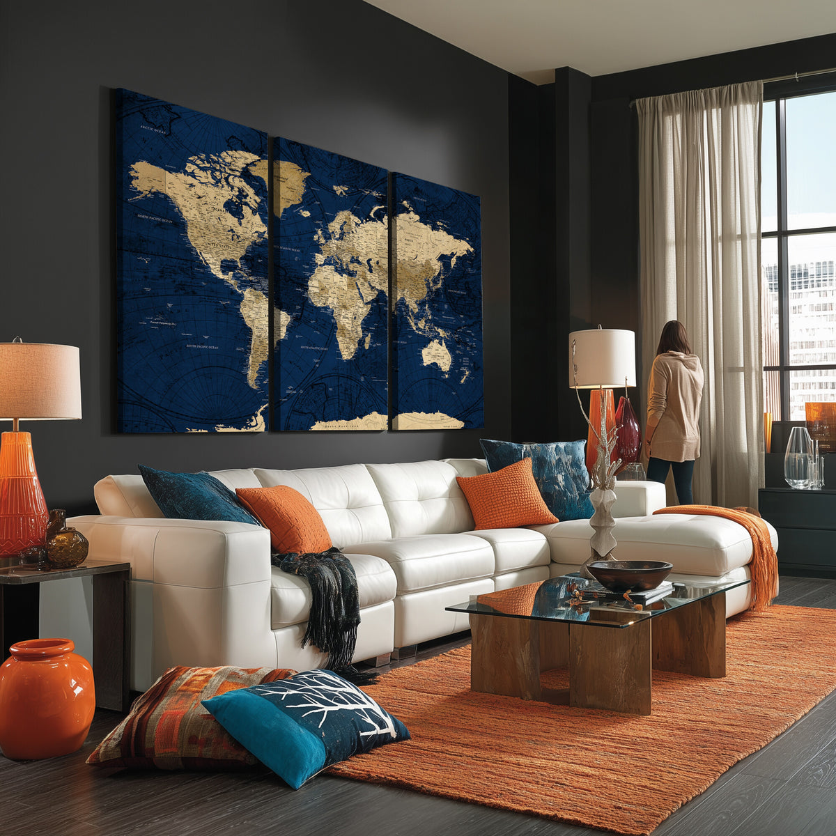 54770746-MGV-CV-36X24 - Navy Blue World Map Canvas Print – Detailed Map Minimal Navy