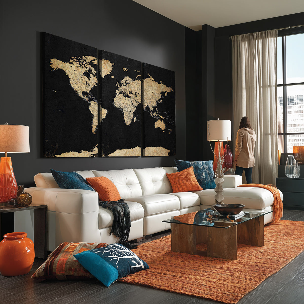 71518849-MGV-CV-36X24 - Beige World Map Canvas Wall Art Print, Minimal Black and