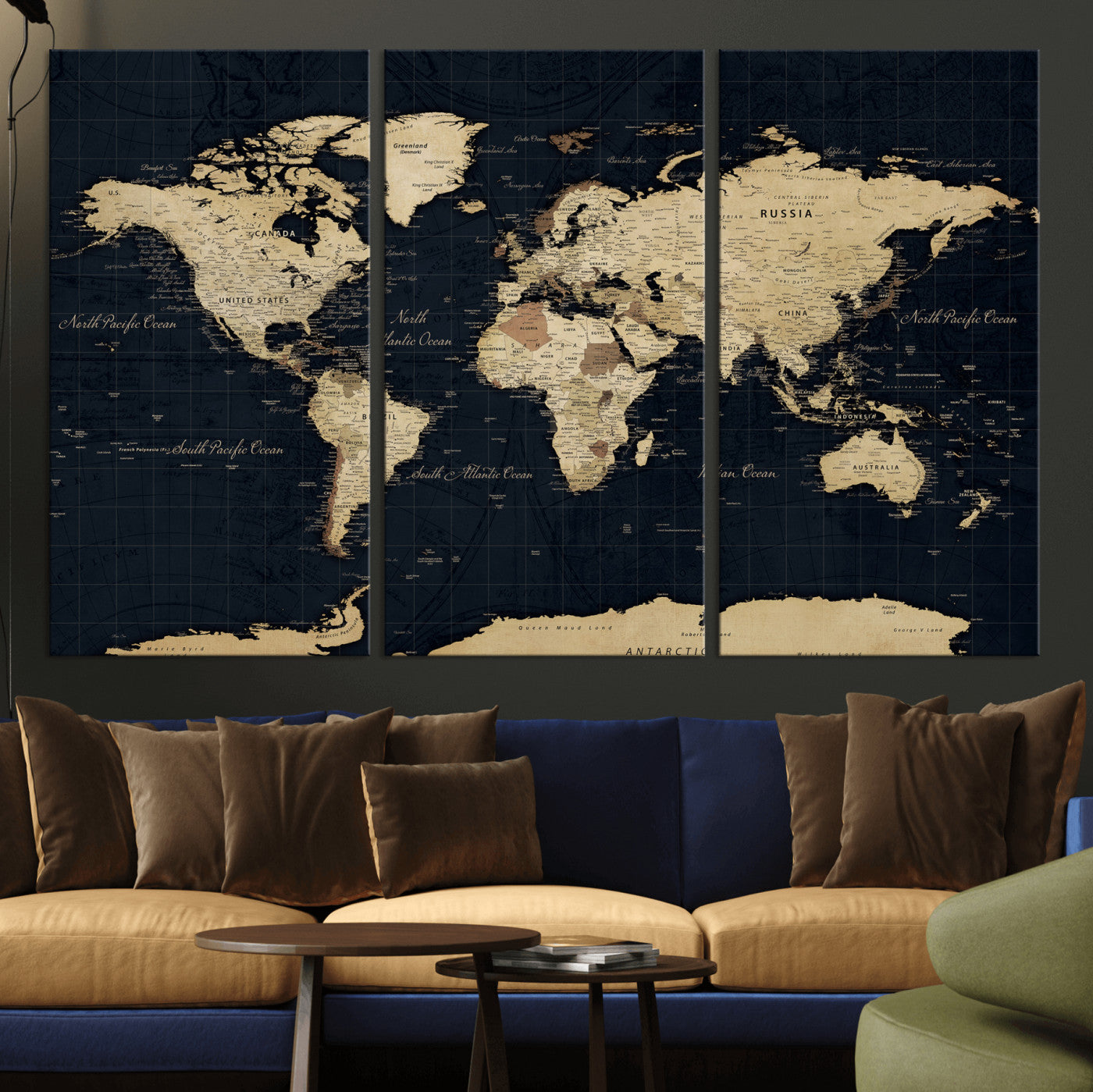 45063434-MGV-CV-36X24 - World Map Wall Art Canvas Print, Modern Decorative Framed Map Artwork Prints for Living Room, Office, Bedroom Wall Decor