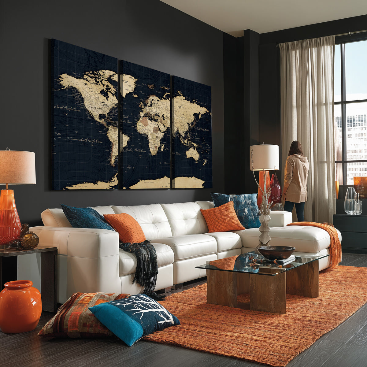 45063434-MGV-CV-36X24 - Dark World Map Canvas Wall Art Print, Minimal Black and Gold Map