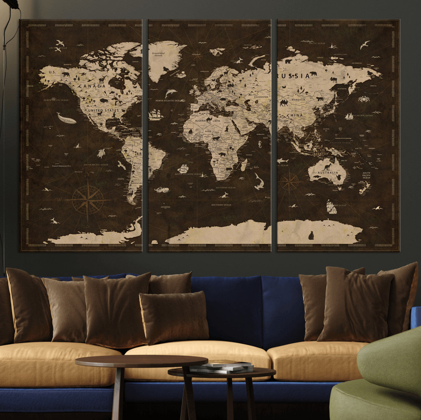44276398-MGV-CV-36X24 - World Map Wall Art Canvas Print, Modern Decorative Framed Map Artwork Prints for Living Room, Office, Bedroom Wall Decor
