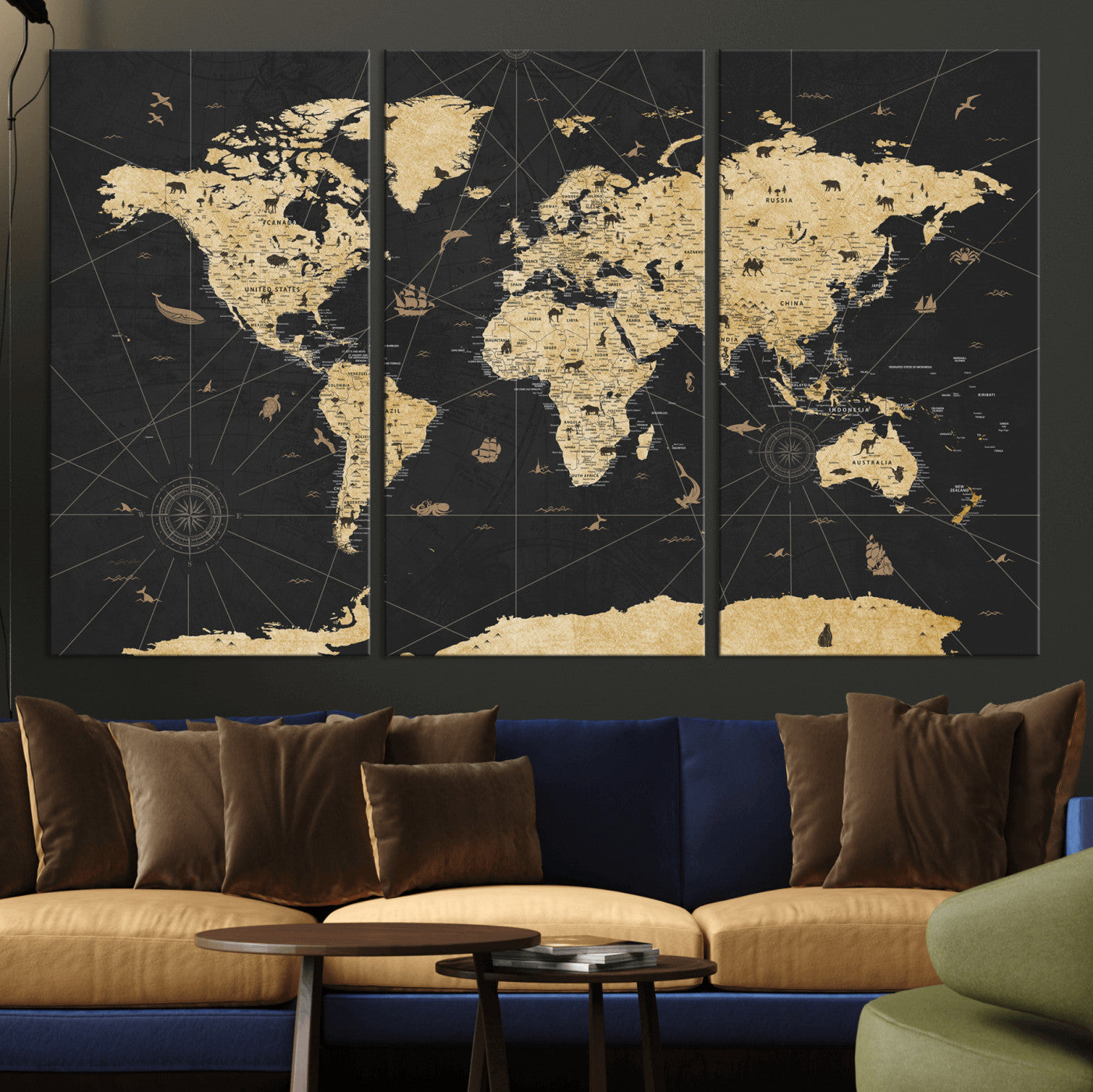 80270976-MGV-CV-36X24 - World Map Wall Art Canvas Print, Modern Decorative Framed Map Artwork Prints for Living Room, Office, Bedroom Wall Decor