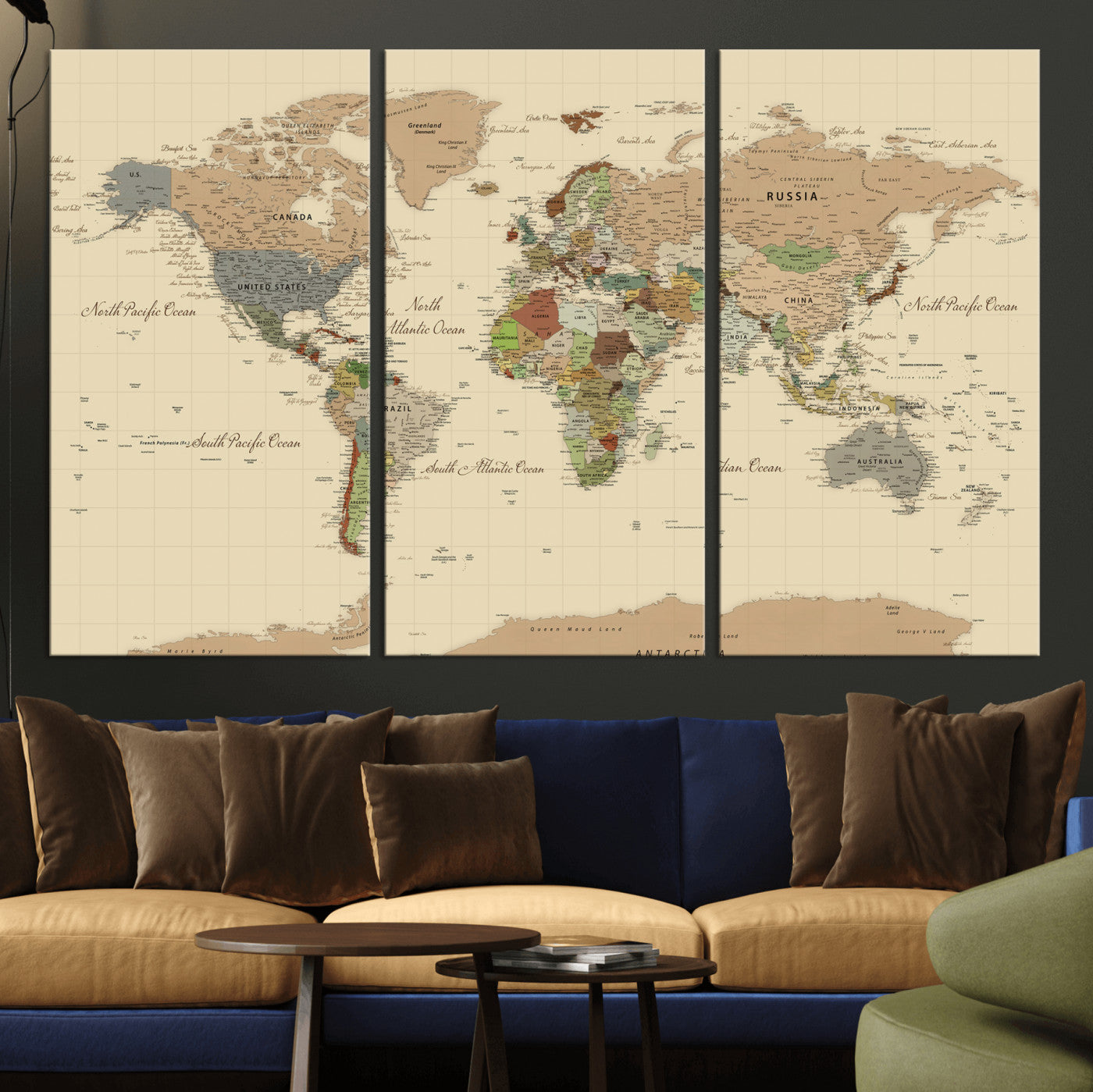 31407854-MGV-CV-36X24 - World Map Wall Art Canvas Print, Modern Decorative Framed Map Artwork Prints for Living Room, Office, Bedroom Wall Decor