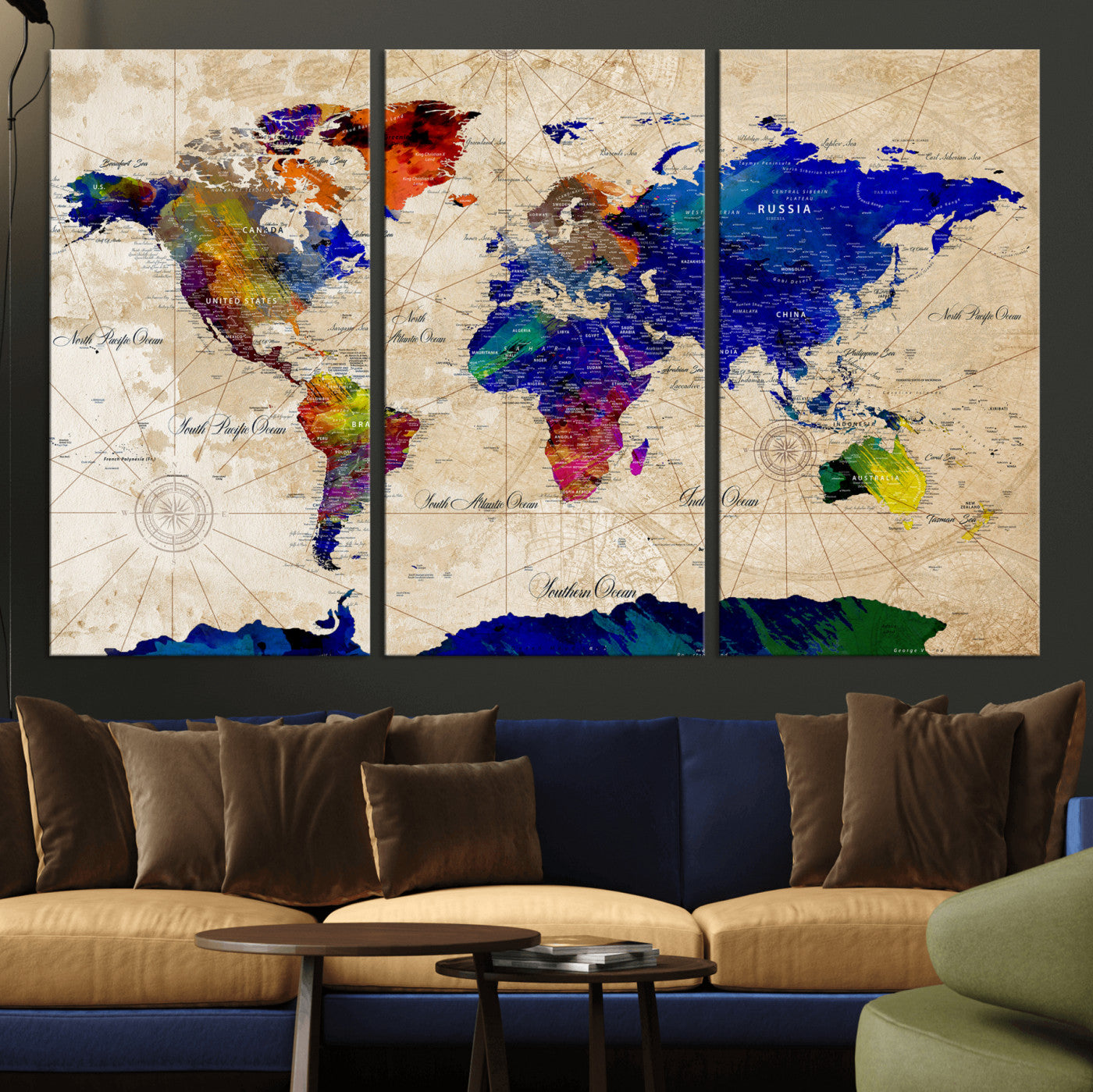 26284075-MGV-CV-36X24 - World Map Wall Art Canvas Print, Modern Decorative Framed Map Artwork Prints for Living Room, Office, Bedroom Wall Decor