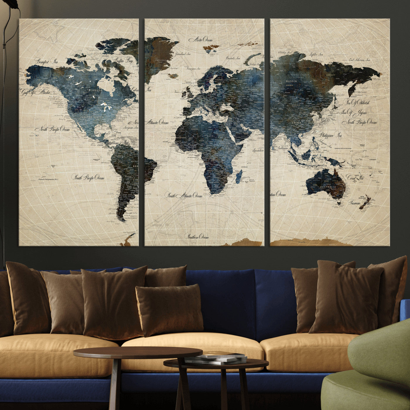 72927803-MGV-CV-36X24 - World Map Wall Art Canvas Print, Modern Decorative Framed Map Artwork Prints for Living Room, Office, Bedroom Wall Decor
