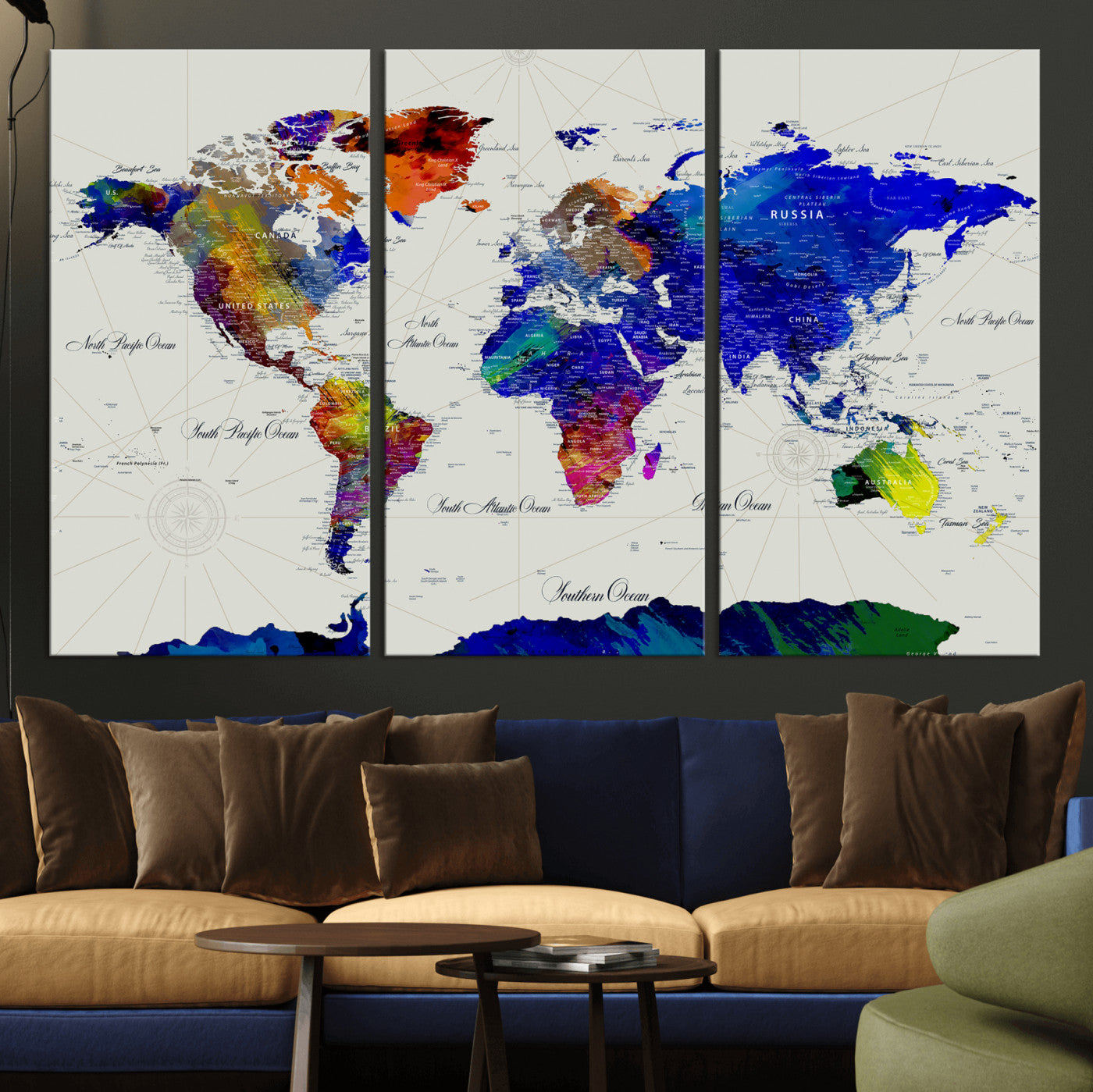 49670038-MGV-CV-36X24 - World Map Wall Art Canvas Print, Modern Decorative Framed Map Artwork Prints for Living Room, Office Decor