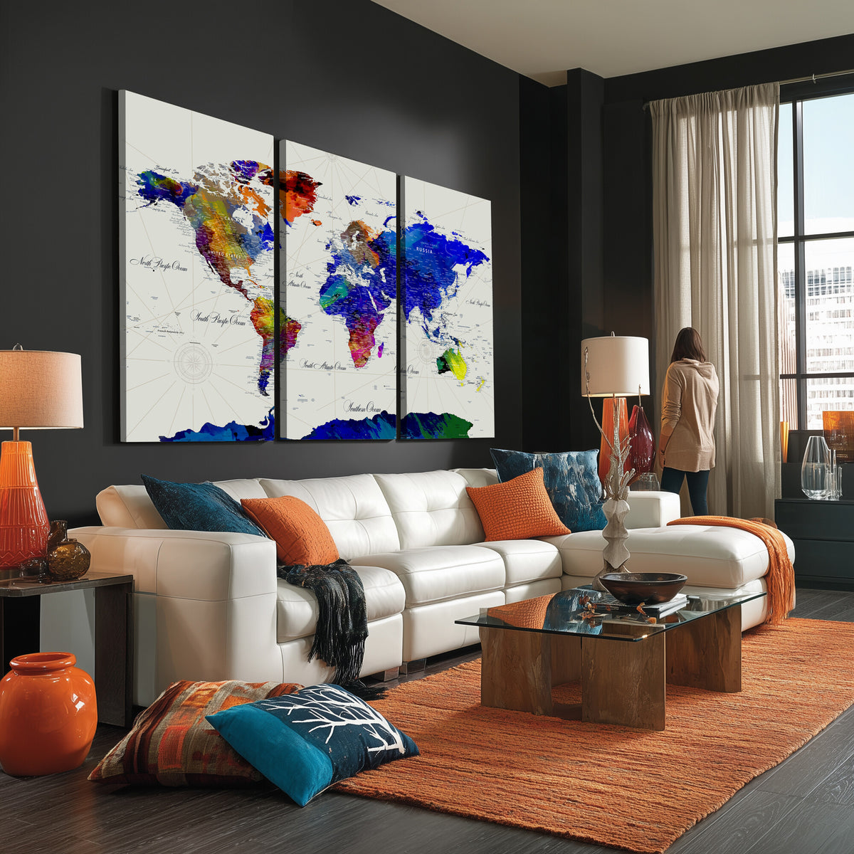 49670038-MGV-CV-36X24 - World Map Wall Art Canvas Print, Modern Decorative Framed Map Artwork Prints for Living Room, Office, Bedroom Wall Decor