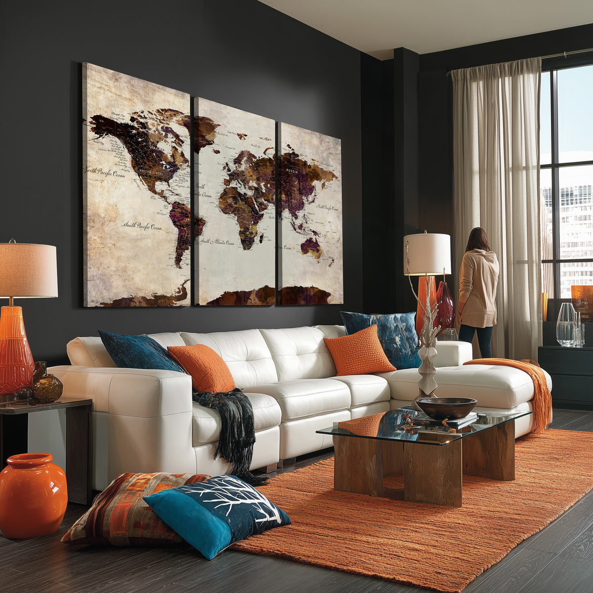 50611123-MGV-CV-36X24 - World Map Canvas Triptych | Colorful Global Wall Art for Living Rooms