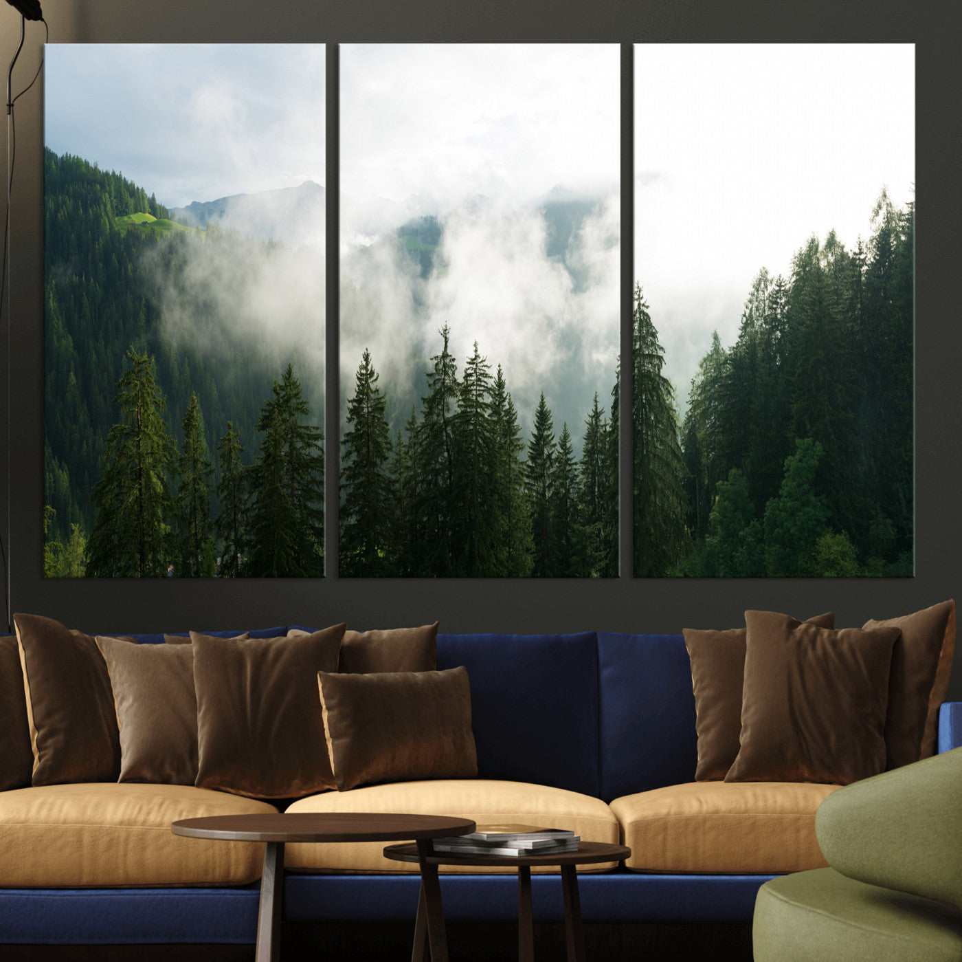 67174129-MGV-CV-36X24 - Misty Mountain Forest Canvas Print, Foggy Pine Trees Nature Wall Art, Framed Canvas Ready to Hang