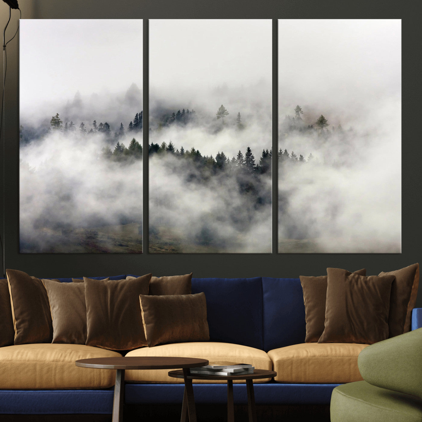 63235457-MGV-CV-36X24 - Foggy Forest Wall Art Canvas Print, Misty Pine Tree Landscape Wall Art Print, Framed Wall Art Ready to Hang