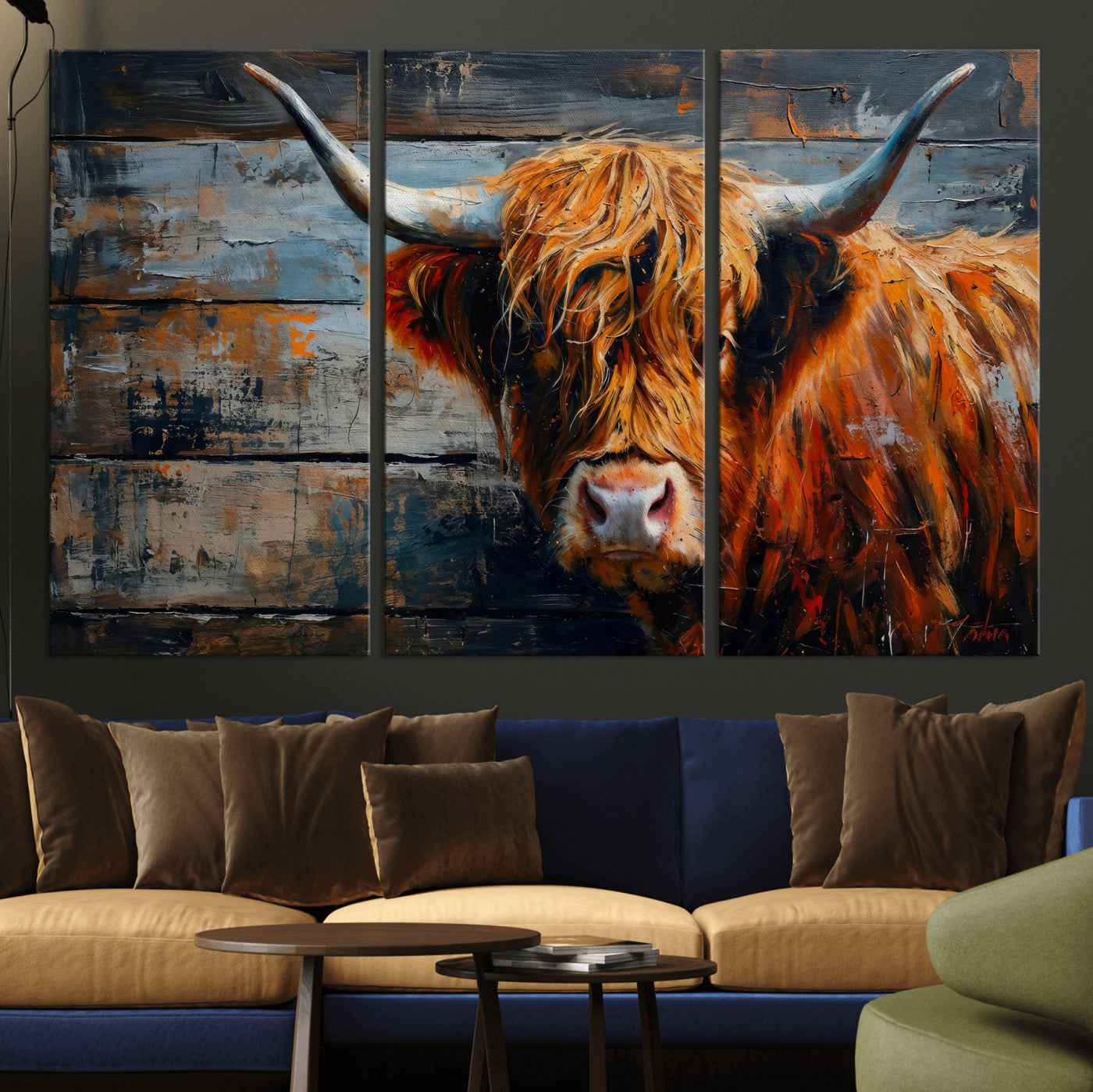 90271423-MGV-CV-36X24 - Highland Cow Wall Art Canvas Print, Abstract Rustic Farm Animal Wall Art Print, Framed Wall Art Ready to Hang