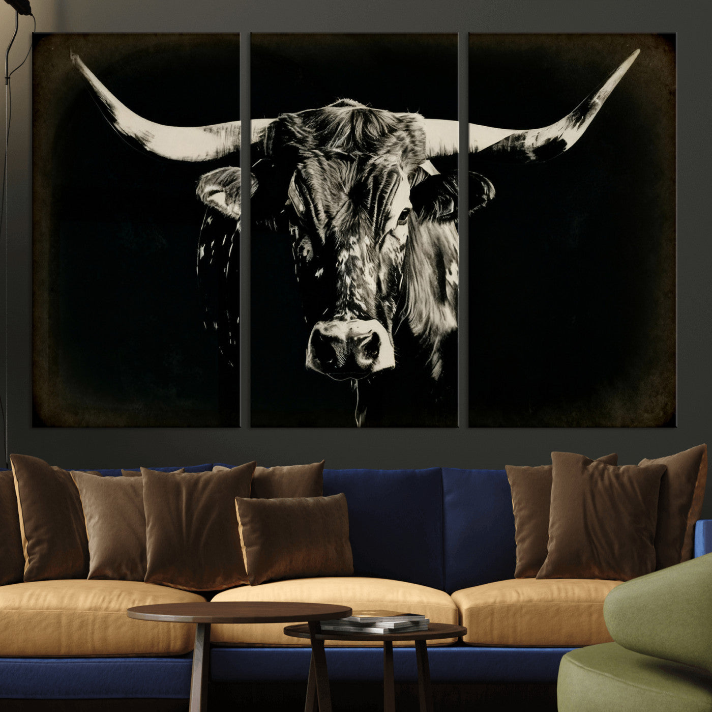 91364114-MGV-CV-36X24 - Black Bull Wall Art Canvas Print, Texas Longhorn Portrait Print, Framed Wall Art Ready to Hang