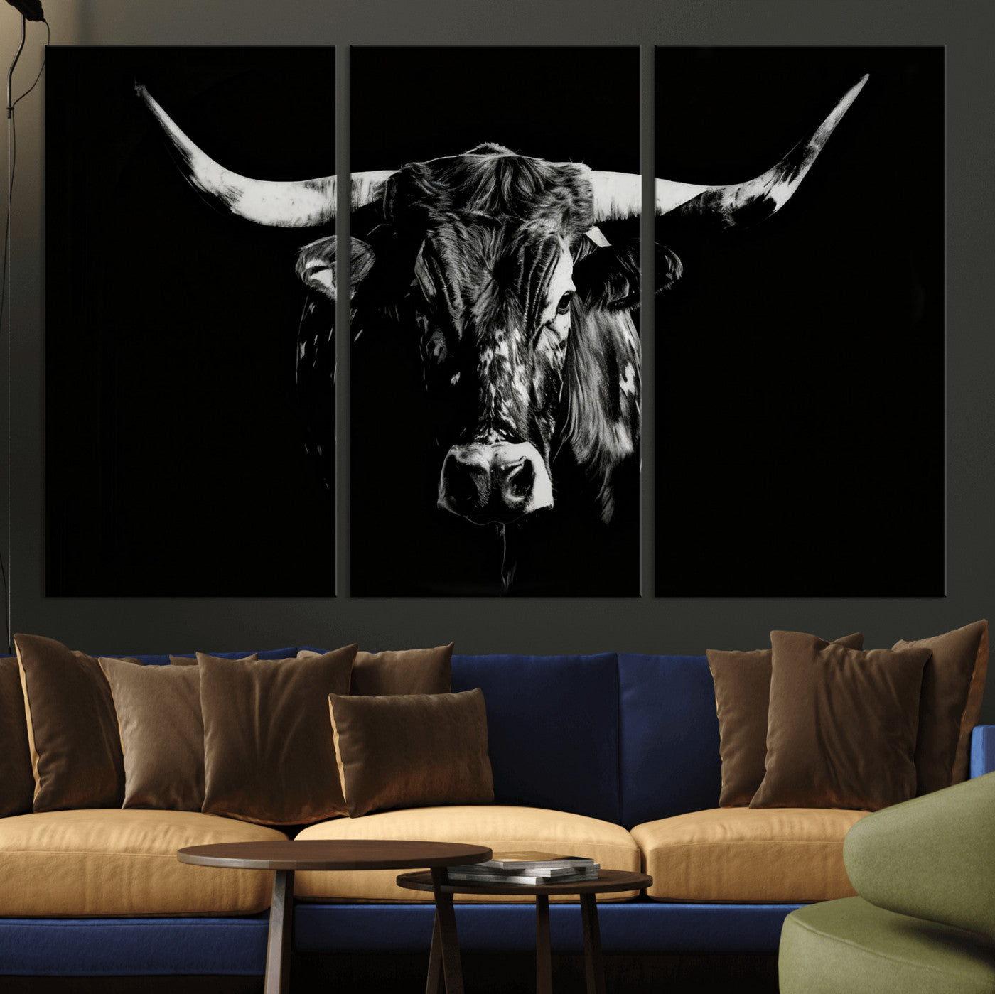 21436434-MGV-CV-36X24 - Black Bull Wall Art Canvas Print, Dark Longhorn Portrait Photography, Framed Wall Art Ready to Hang