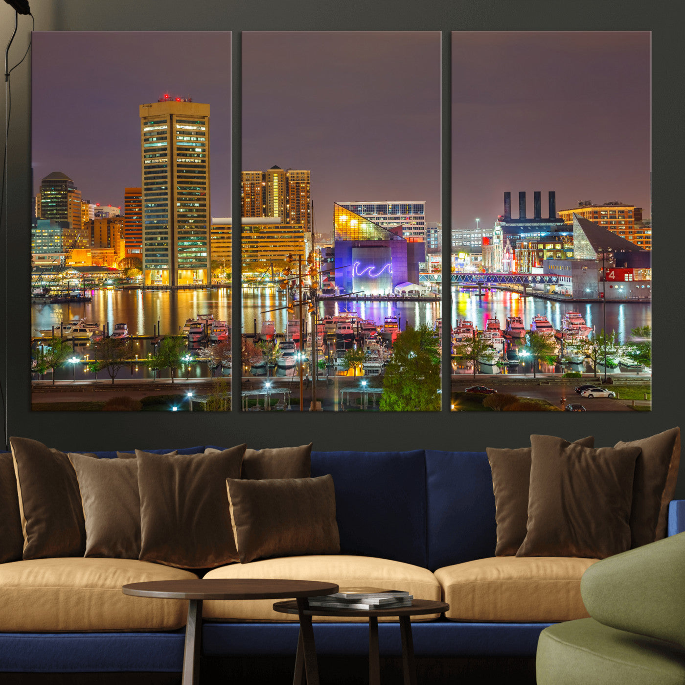 42654823-MGV-CV-36X24 - Baltimore Skyline Wall Art Canvas Print, Baltimore Downtown Night Cityscape Print for Modern Urban Wall Decor