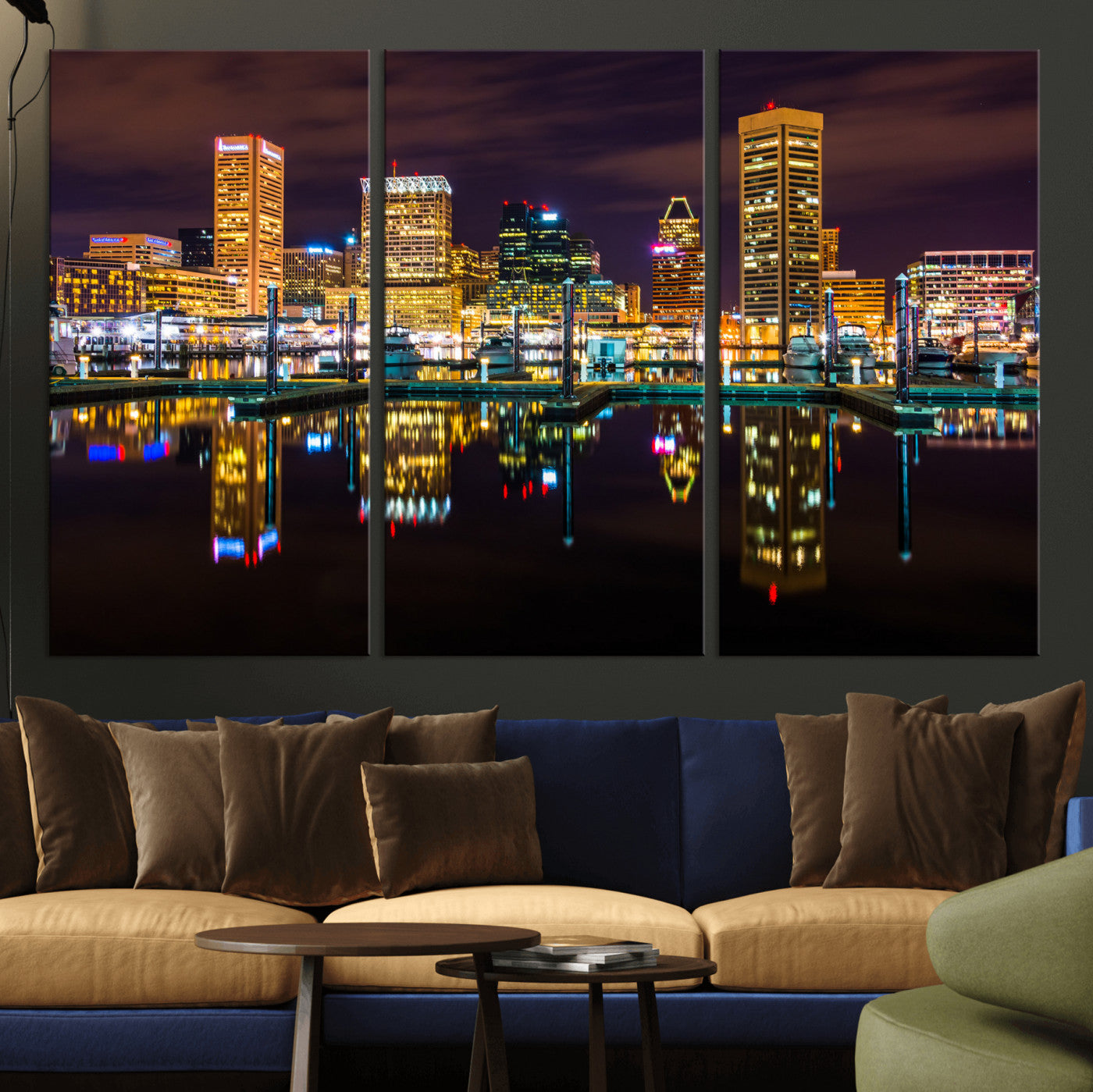 38201692-MGV-CV-36X24 - Baltimore Skyline Wall Art Canvas Print, Baltimore Downtown Night Cityscape Print for Modern Urban Wall Decor