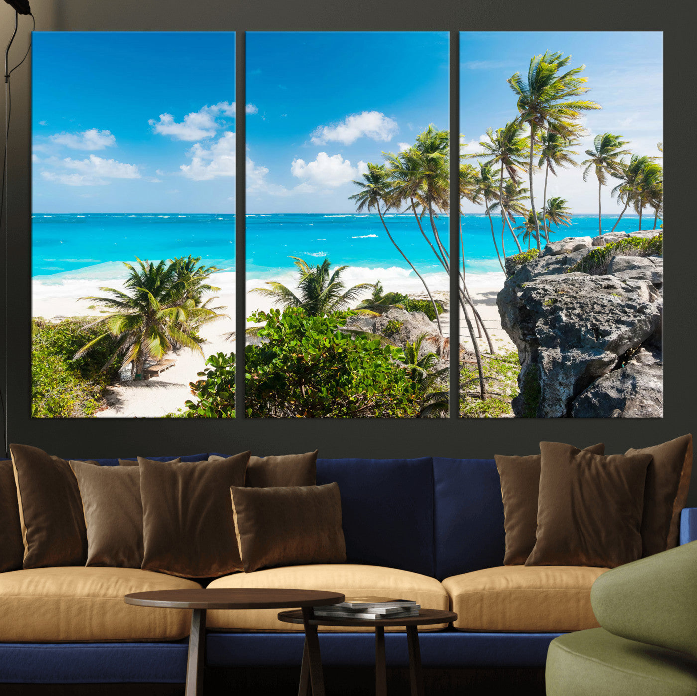 79995168-MGV-CV-36X24 - Barbados Beach Wall Art Canvas Print, Palm Tree Ocean Landscape, Turquoise Sea Coastal Photography, Tropical Island Wall Decor, Framed Ready to Hang
