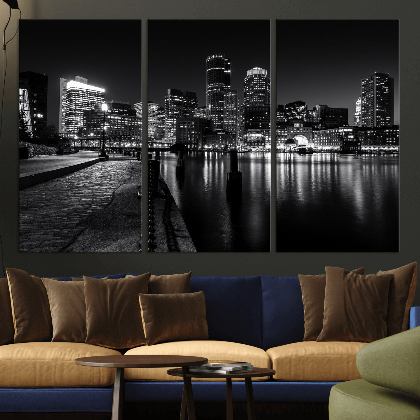 53082656-MGV-CV-36X24 - Boston Wall Art Canvas Print, Boston City Downtown Night Cityscape Print for Modern Urban Wall Decor
