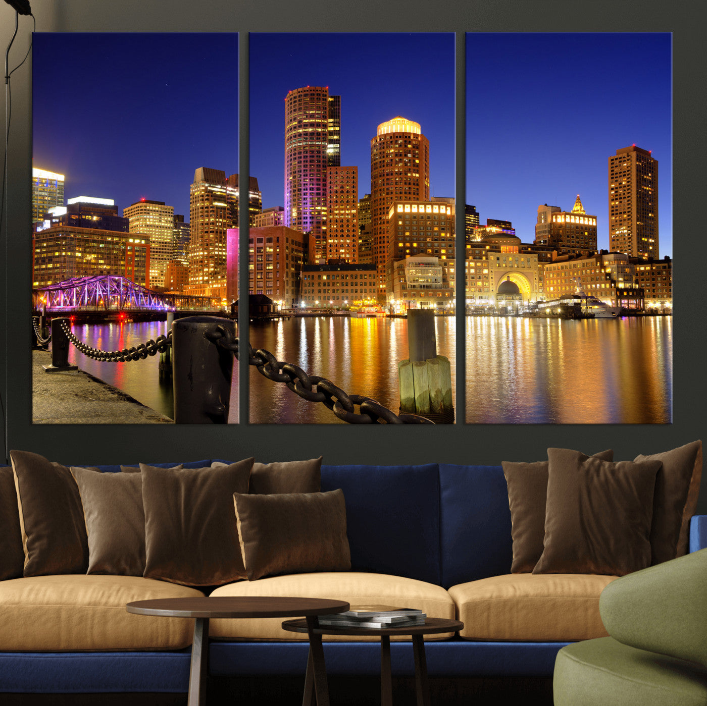 56611117-MGV-CV-36X24 - Boston Wall Art Canvas Print, Boston City Downtown Night Cityscape Print for Modern Urban Wall Decor