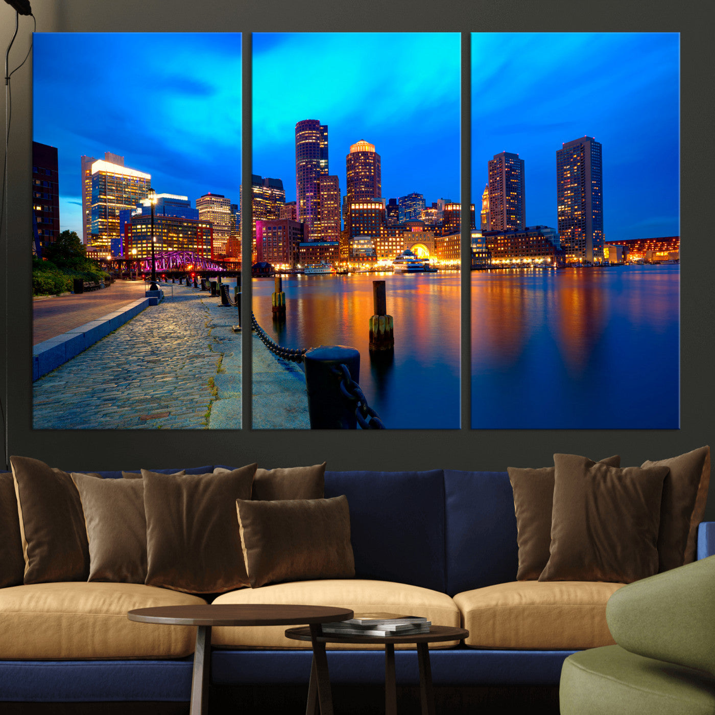 69619565-MGV-CV-36X24 - Boston Wall Art Canvas Print, Boston City Downtown Night Cityscape Print for Modern Urban Wall Decor