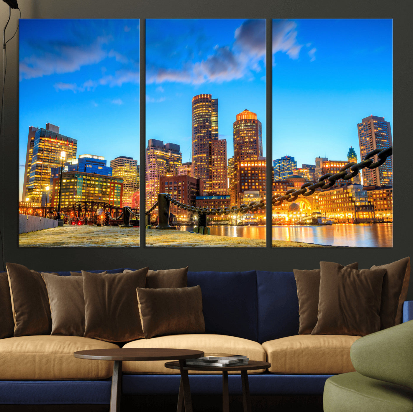 46736409-MGV-CV-36X24 - Boston Wall Art Canvas Print, Boston City Downtown Night Cityscape Print for Modern Urban Wall Decor