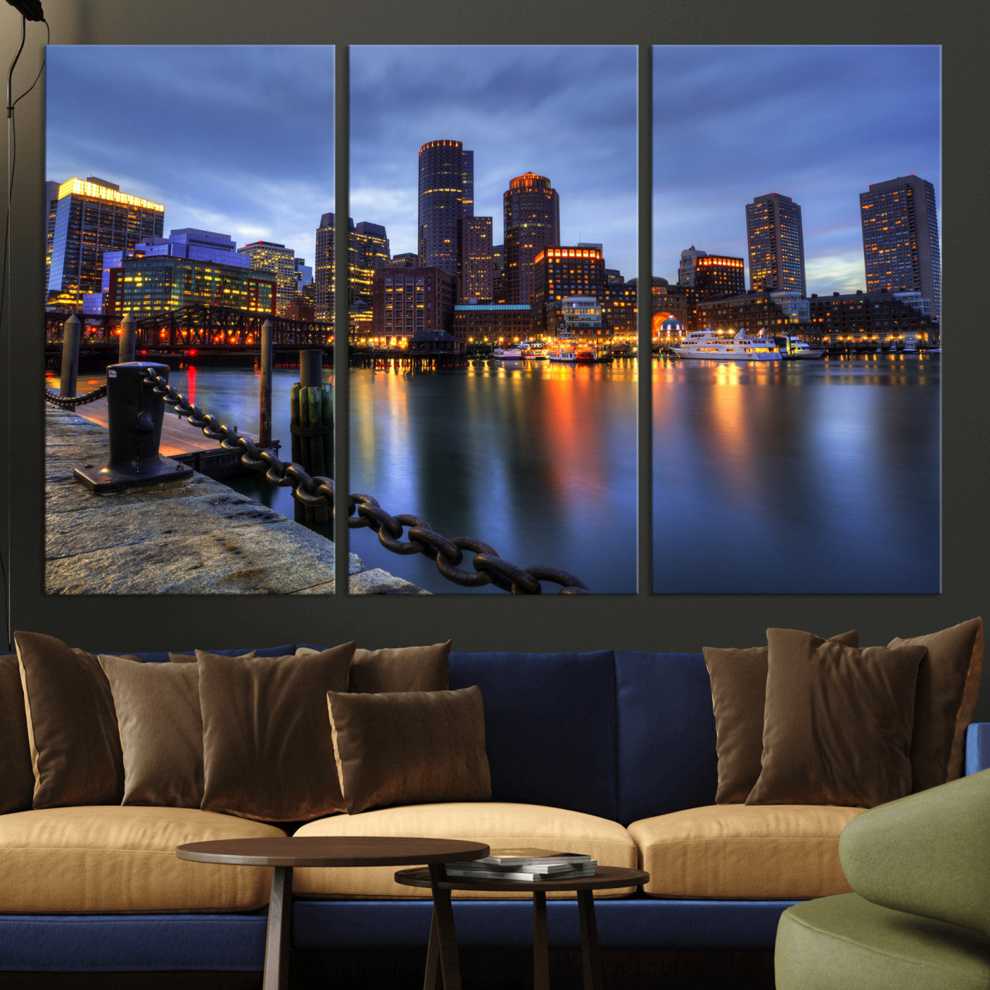 82439622-MGV-CV-36X24 - Boston Wall Art Canvas Print, Boston City Downtown Night Cityscape Print for Modern Urban Wall Decor